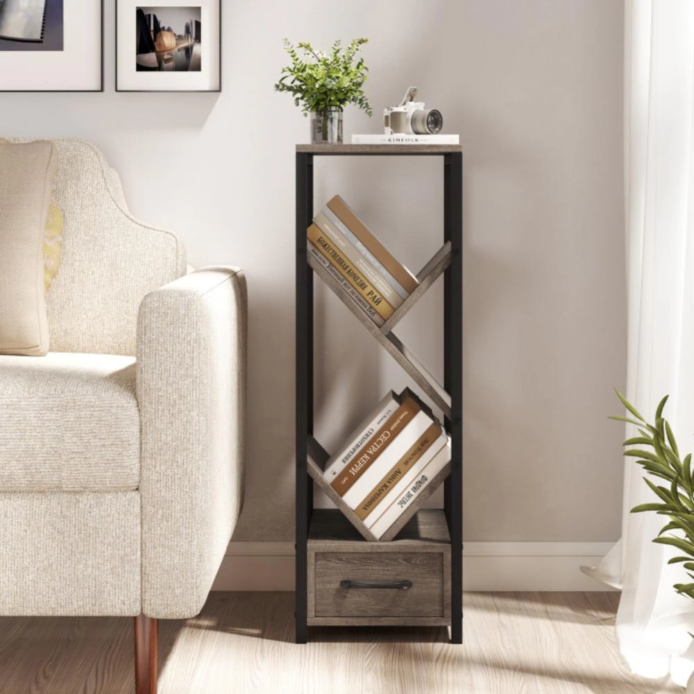 Hivvago 4 Tier Floor Tree Bookshelf with Drawer and Metal Frame-Gray
