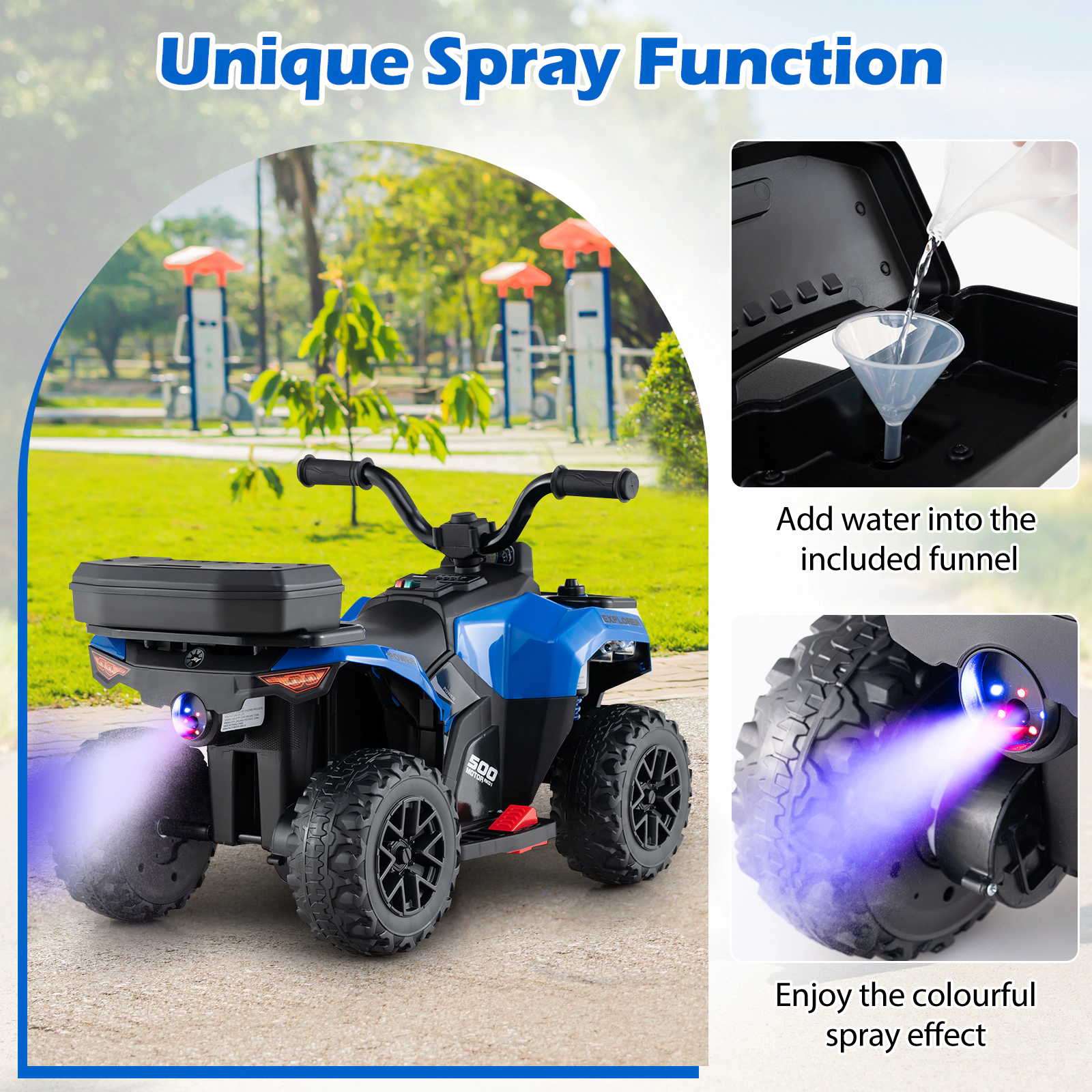 SUGIFT 6V Kids Ride On ATV with Spray Function and Storage Box 44-lb Capacity Ages 18 Months and Up 27-in Body Blue