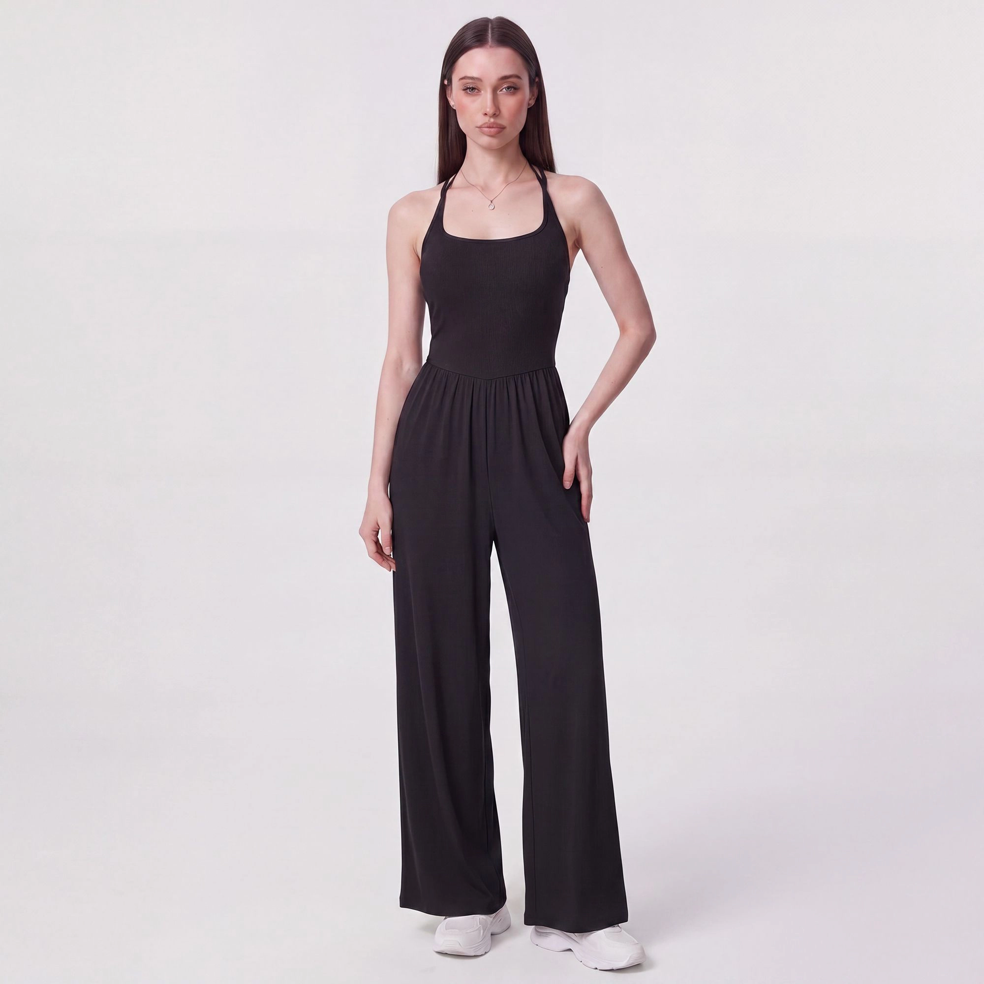 Anna-Kaci Women's Sleeveless Halter Neck Wide Leg Jumpsuit with Ribbed Bodice Gathered Waist and Flowy Pants