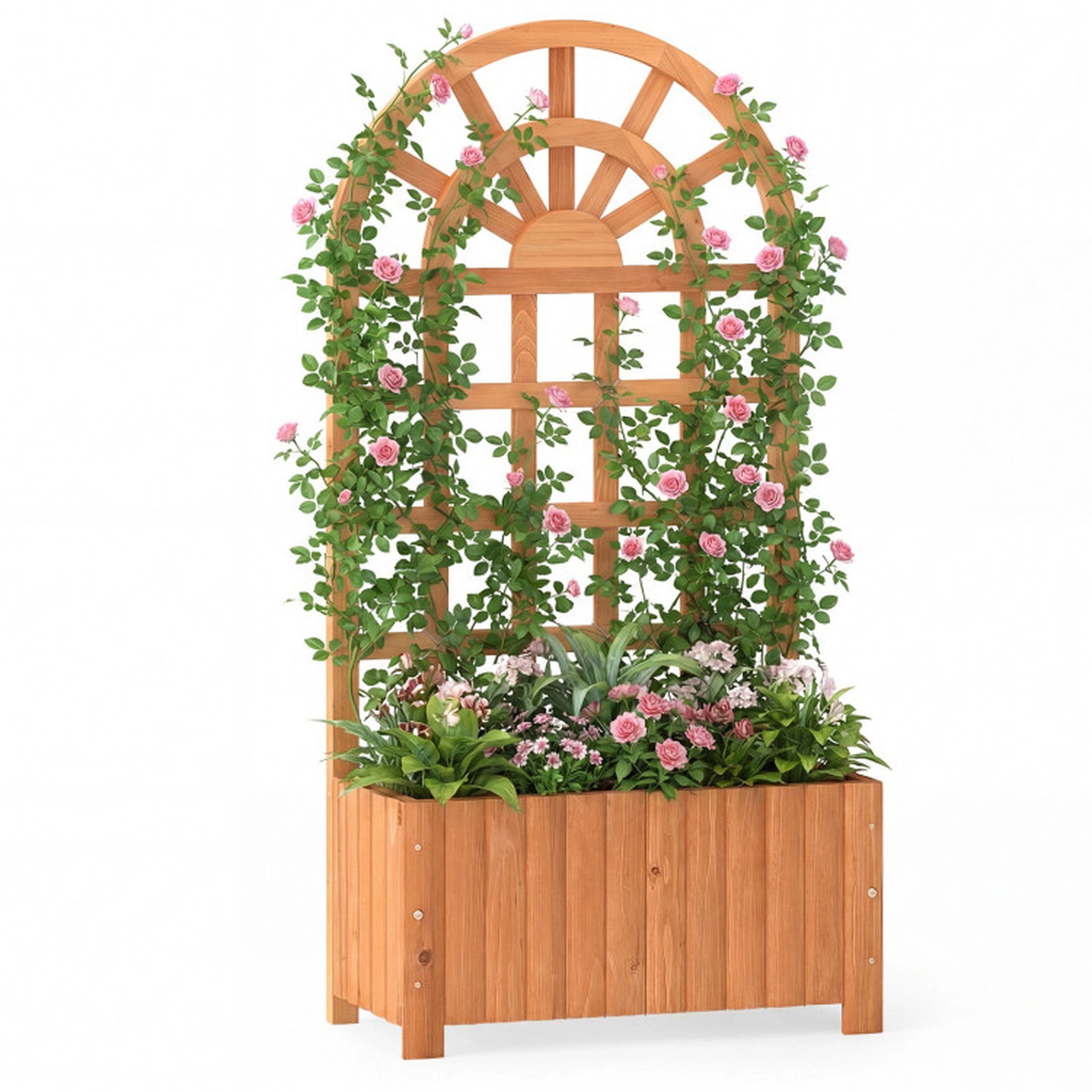 SUGIFT 48-in 66-lb Capacity Fir Wood Raised Garden Bed with Lattice Trellis Rounded Roof and Detachable Base