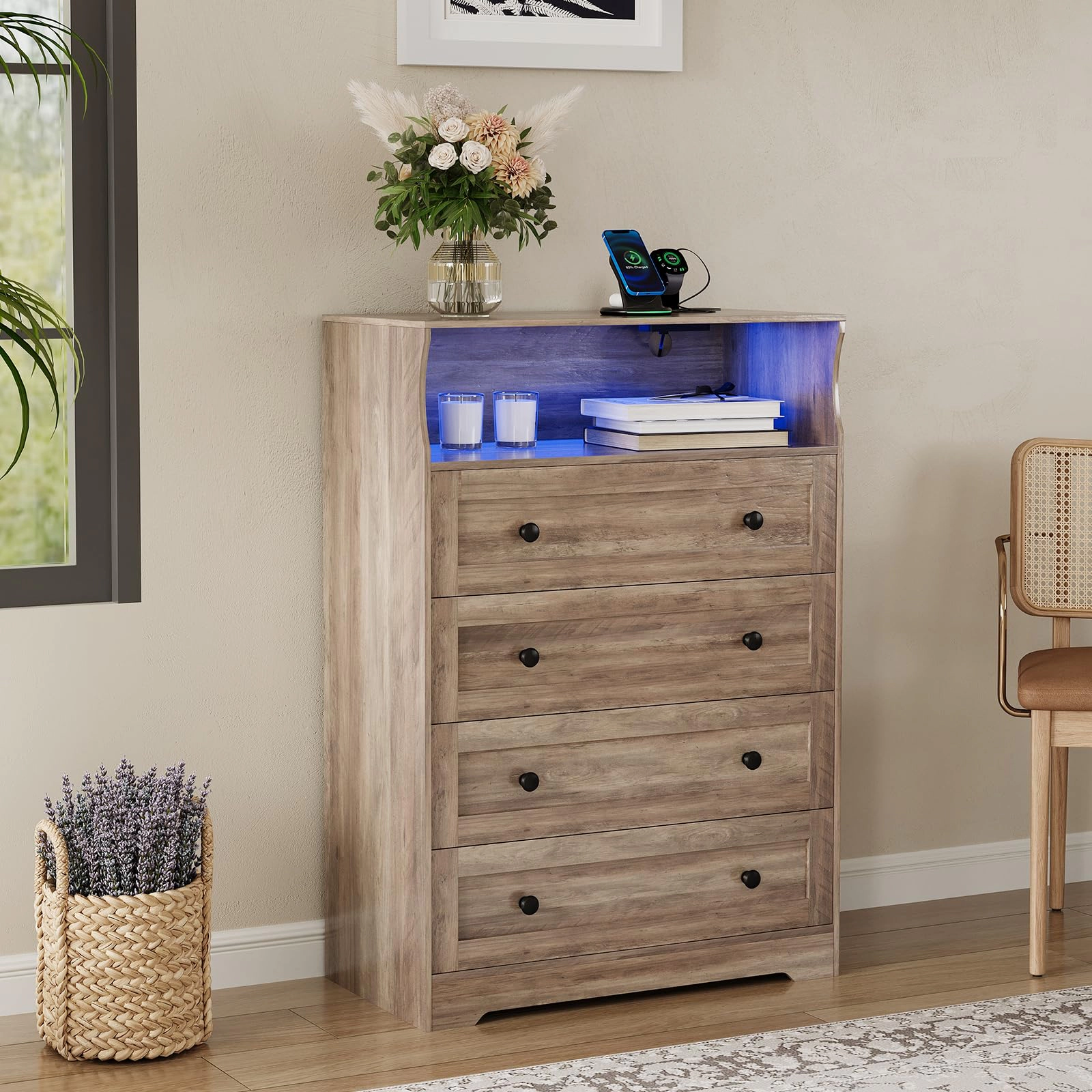 45.2" Tall 4 Drawer Dresser with LED Shelf & Charging Station, Wood Storage Chest