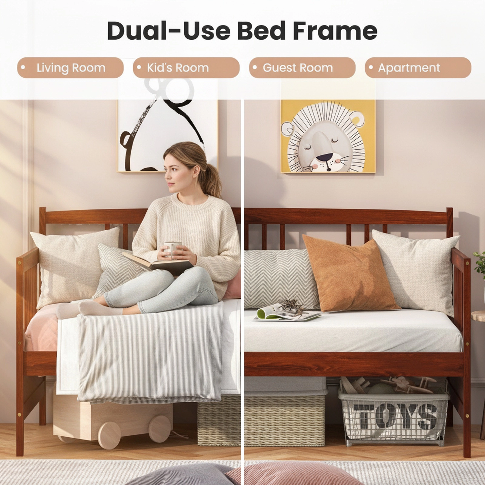 Twin Size Cherry Wood Daybed Frame with Back and Arm Rails Pine Sofa Bed with 10 Slats Fits Optional Pull-Out Trundle