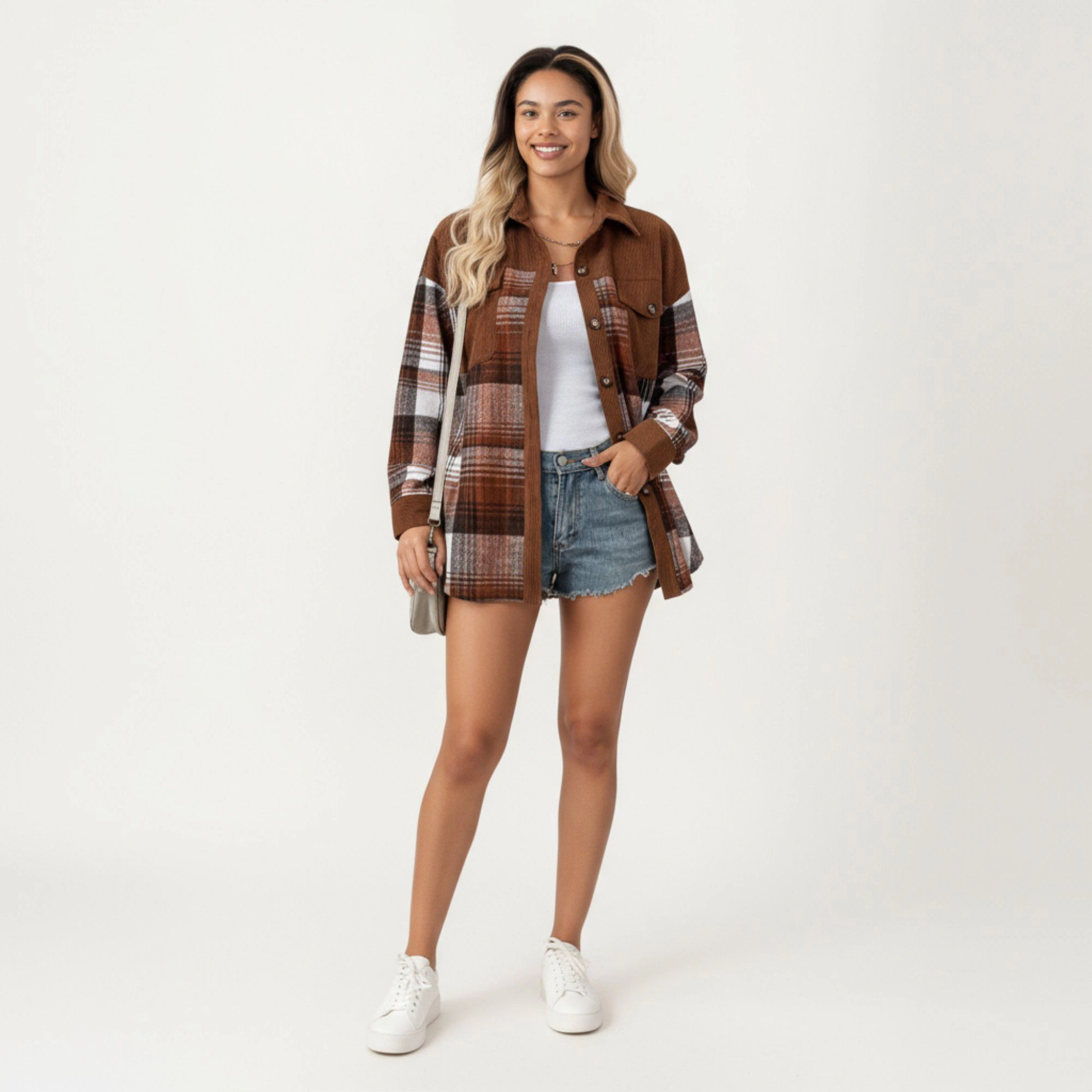 Anna-Kaci Women's Plaid Button Front Shirt Jacket with Soft Corduroy Contrast Long Sleeves Chest Pocket Detail