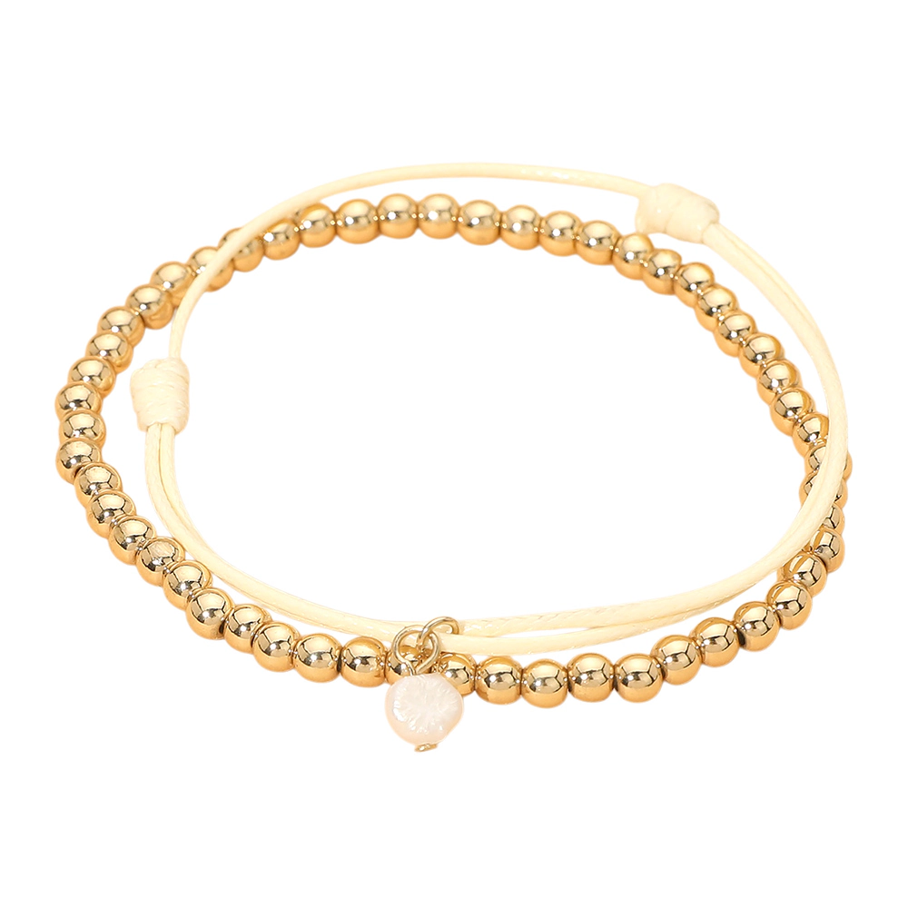 FASHNZFAB 2PCS - Metal Ball Stretch Pearl Charm Adjustable Bracelets - Gold, Ivory