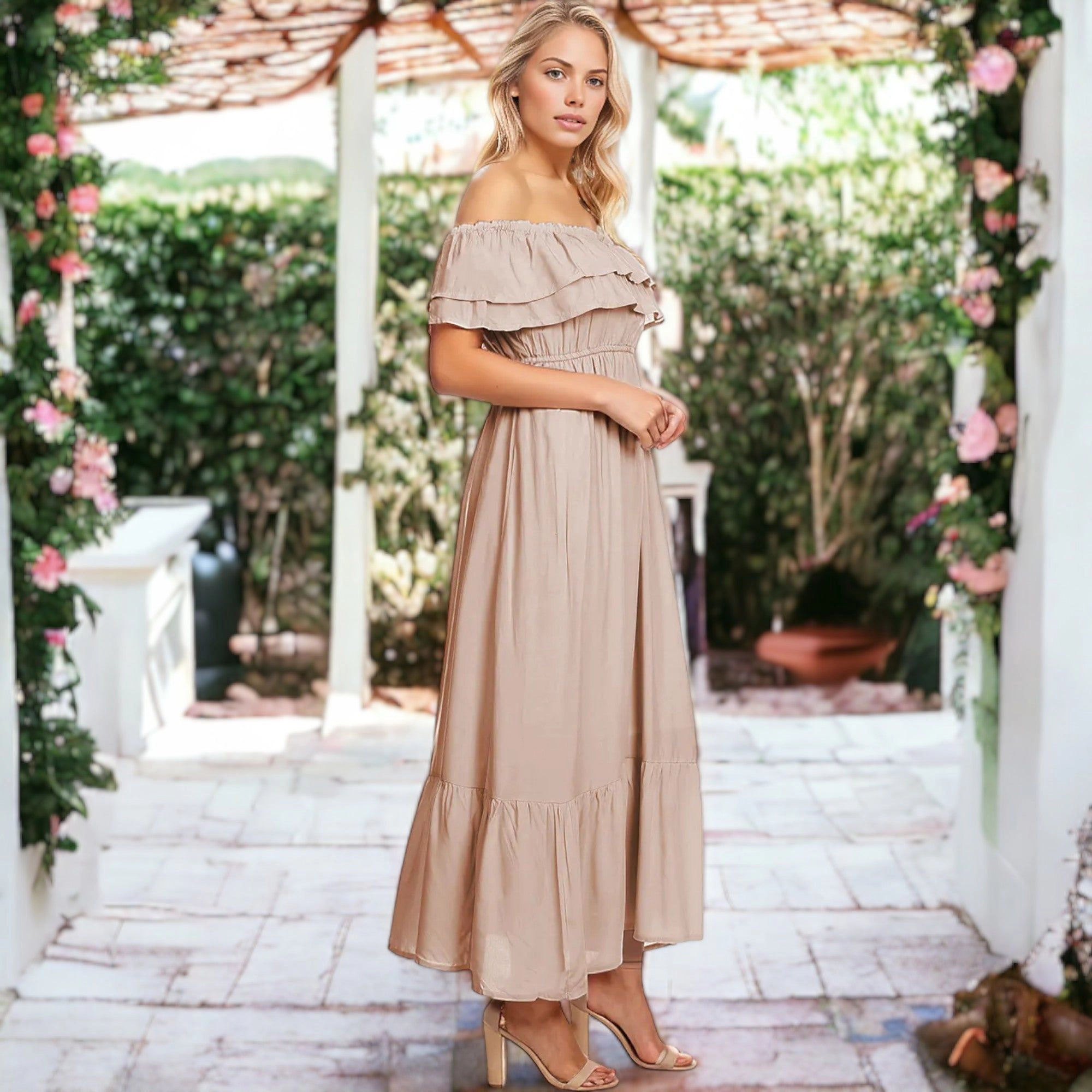 Anna-Kaci Women's Off Shoulder Double Ruffle Elastic Waist Maxi Flared Dress
