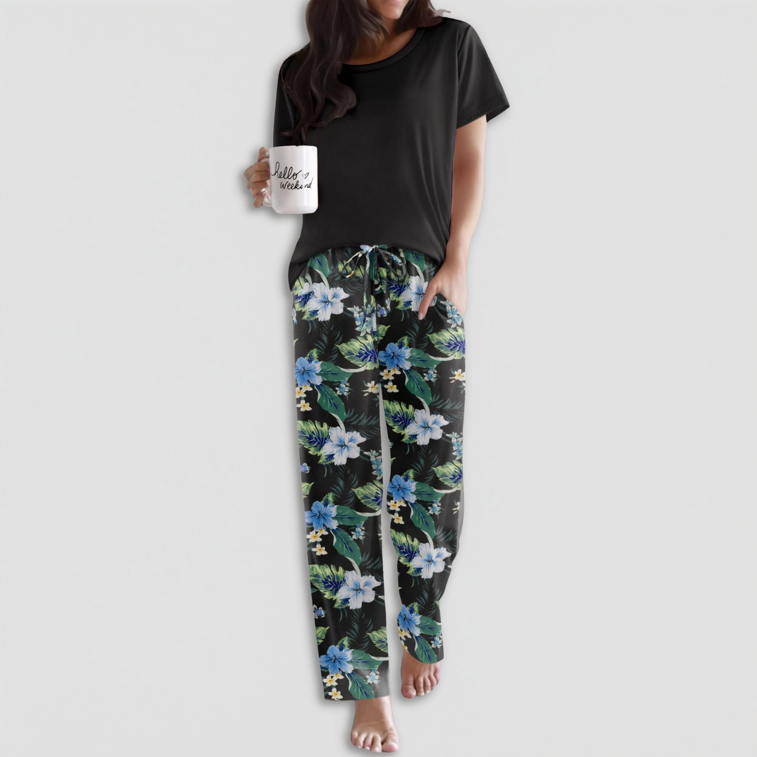 Ekouaer Pajama Sets Round Neck Pajamas Short Sleeve Sleepwear with Long Pants Loose Lounge