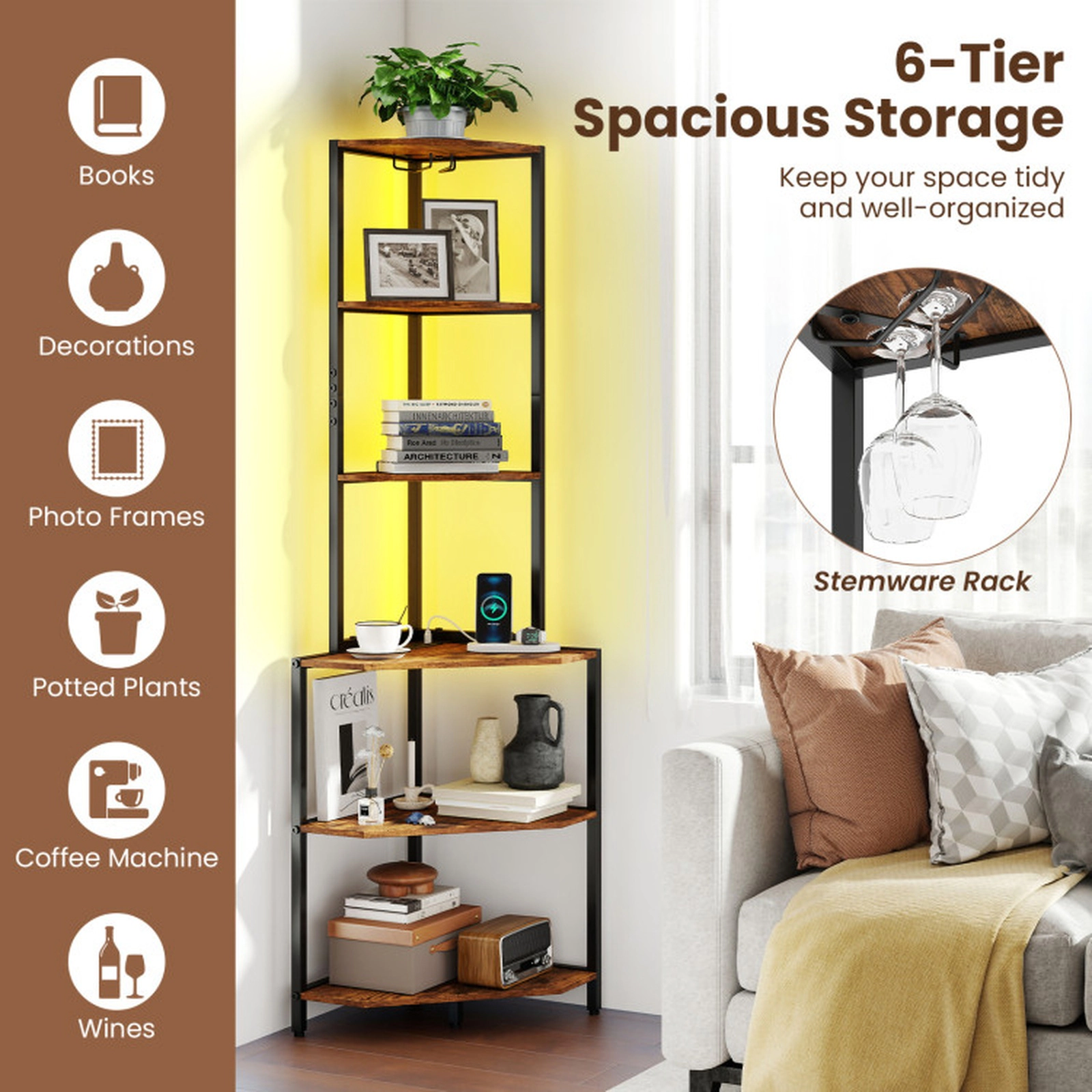SUGIFT Black and Brown Charging Station and Ambience Light 65 in 6-Tier Corner Shelf