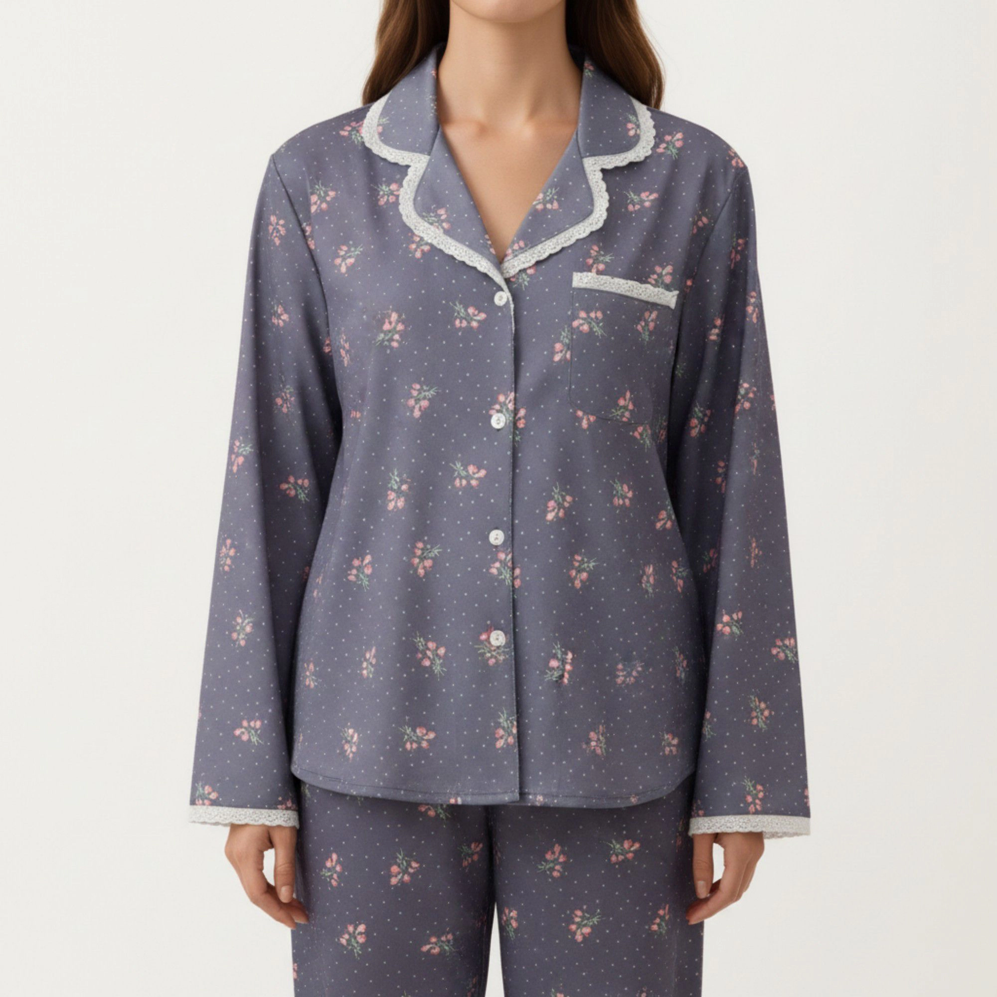 Anna-Kaci Women's 2-Piece Floral Print Pajama Top with Button Front and Trim Details Paired Matching Pants