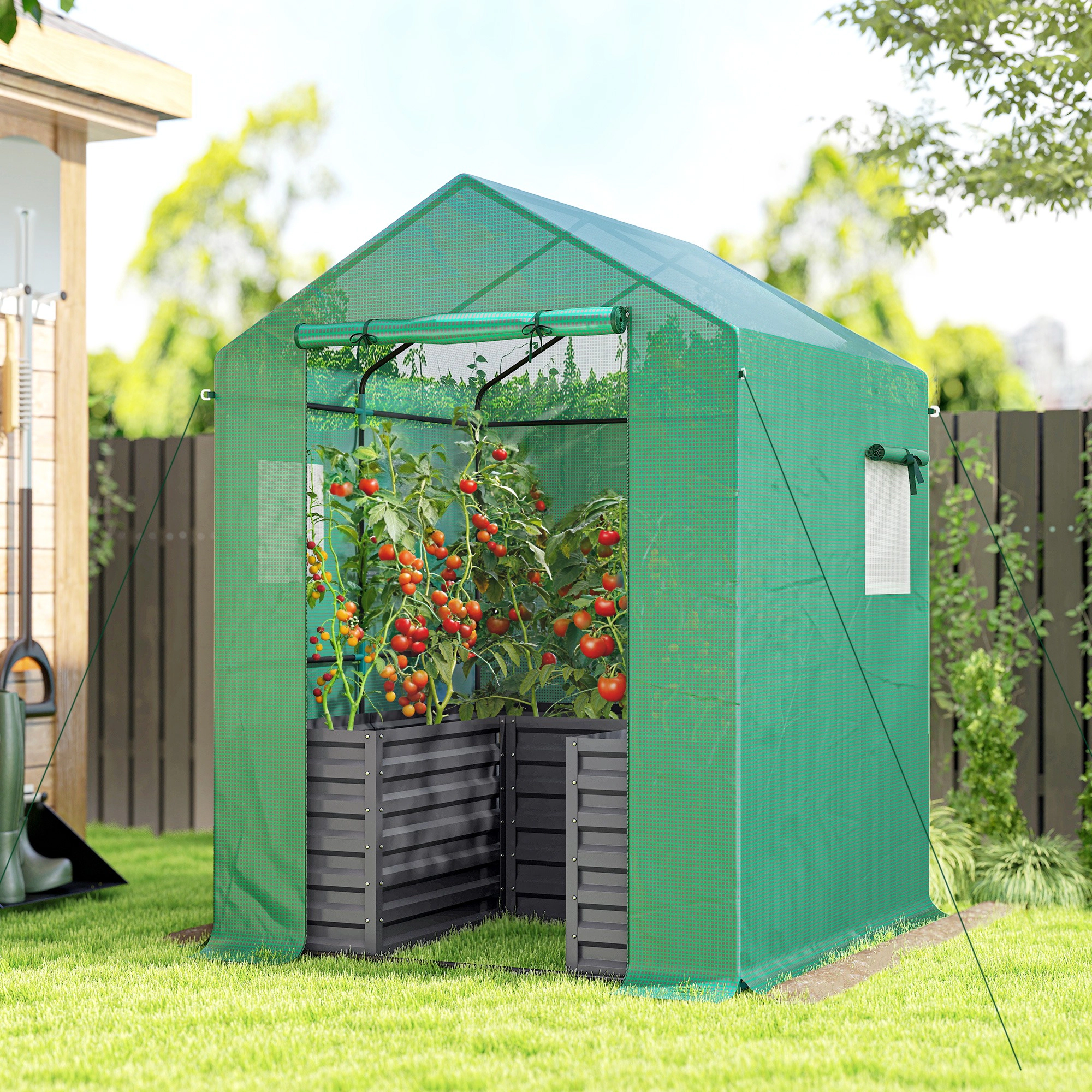 HONGGE Greenhouse with Raised Garden Bed Galvanized Steel Outdoor Roll Up Door 56" x 75"