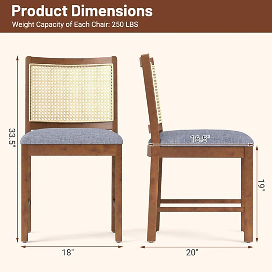 Hivvago Rattan-Accented Dining Chairs in a Set of Two with Rubberwood Frames and Linen Upholstered Seats