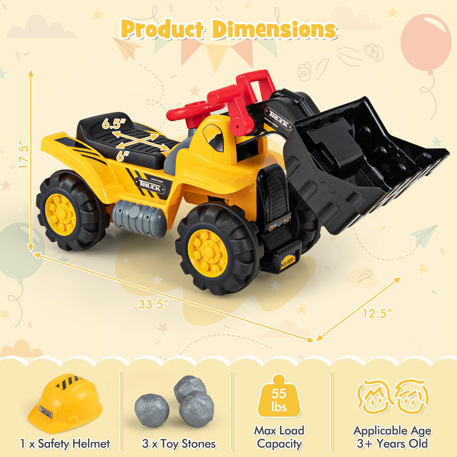SUGIFT Adjustable Bucket Ride On Bulldozer Toy Play Truck 55-lb Capacity Ages 3+ Yellow with Helmet and Toy Stones
