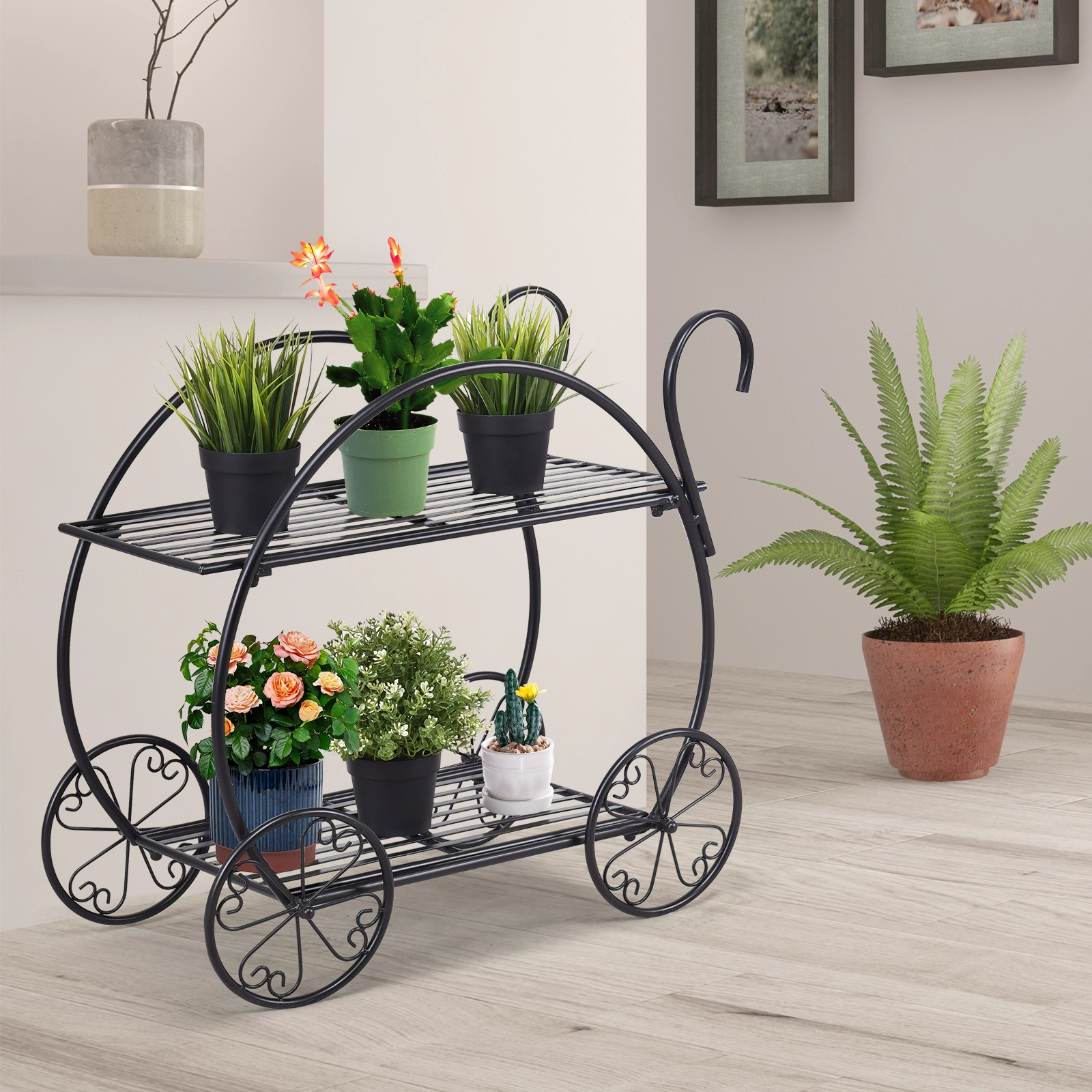 Slickblue Black 2-Tier Plant Rack with Wheels, Metal Rolling Stand for Indoor Outdoor Display
