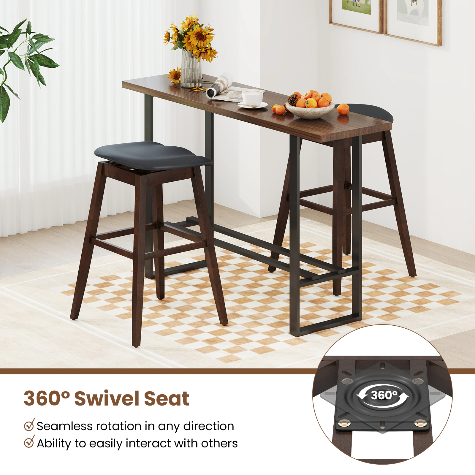 Glintex 2-Piece 31-Inch Backless Swivel Bar Stool Set with Contoured PVC Seat, Black & Brown