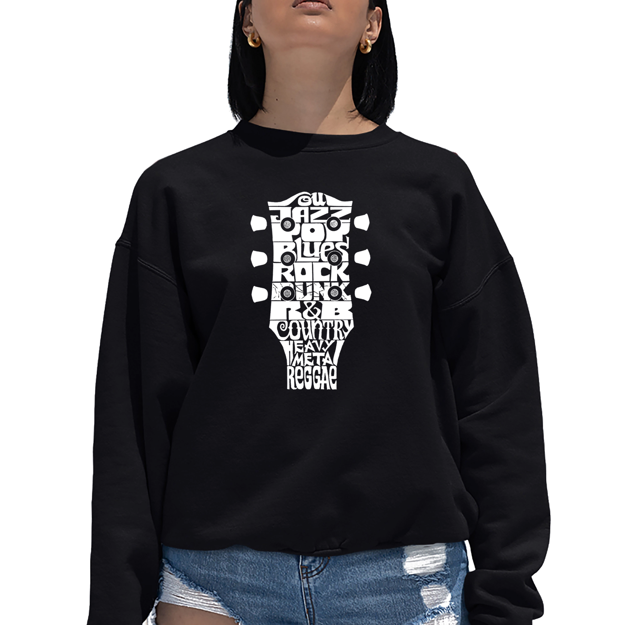 LA Pop Art Guitar Head Music Genres - Women's Word Crewneck Sweatshirt