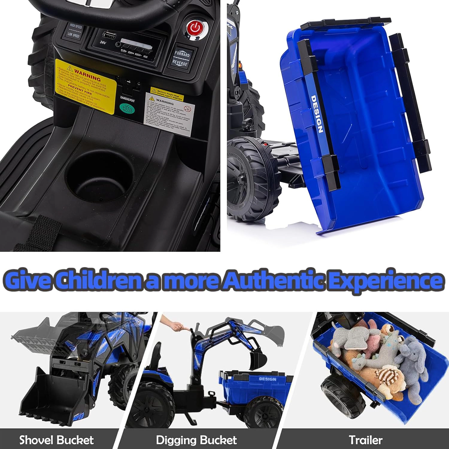 Enjyam 24V Kids Ride On Tractor, Excavator & Bulldozer w/ Trailer, Digger, Shovel Bucket, Remote, LED Lights, Music