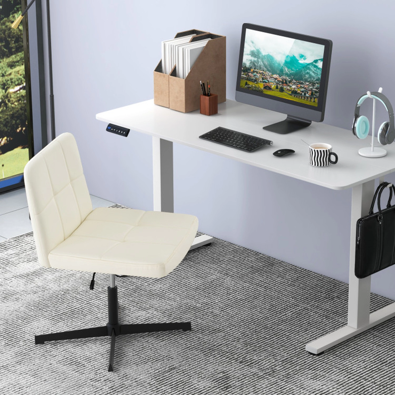 SUGIFT 25-in Wide U-Shaped Seat PU Leather Upholstered Cross Legged Office Chair 27.5-in x 27.5-in 330-lb Beige