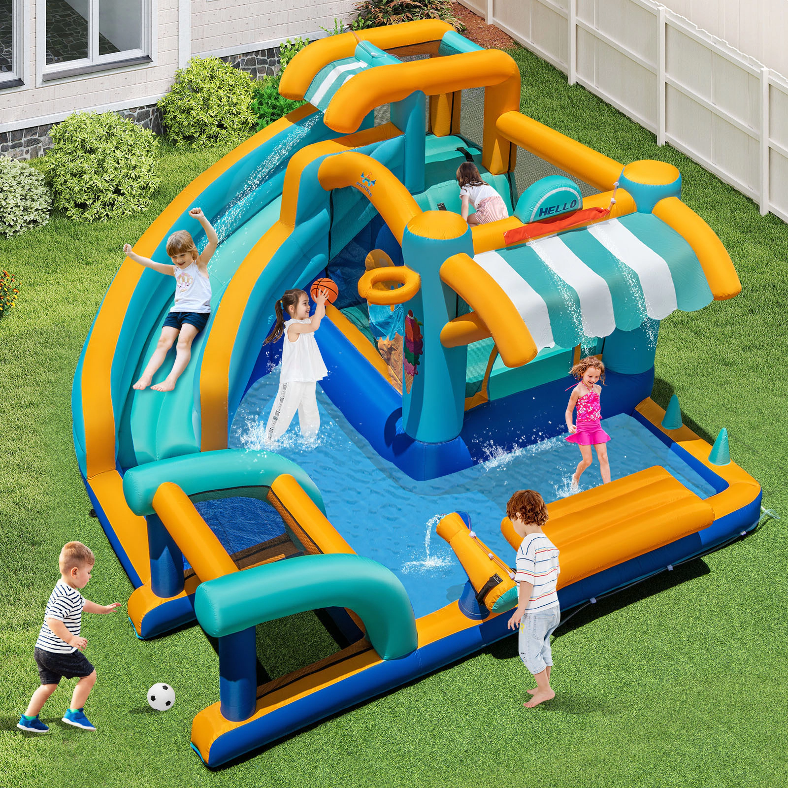 LJG Inflatable Water Slide Bounce House Kids Jump Castle with Water Cannon