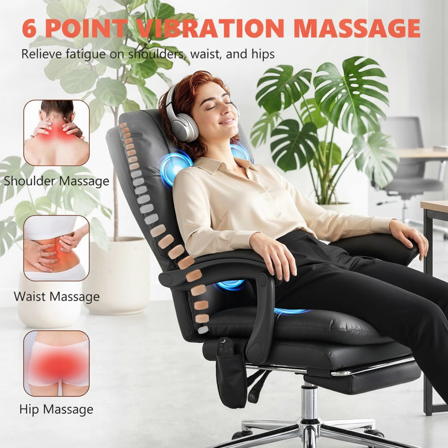 HONGGE Massage Office Chair with 6-Point Vibration Pet-Friendly Faux Leather Ergonomic Executive Desk