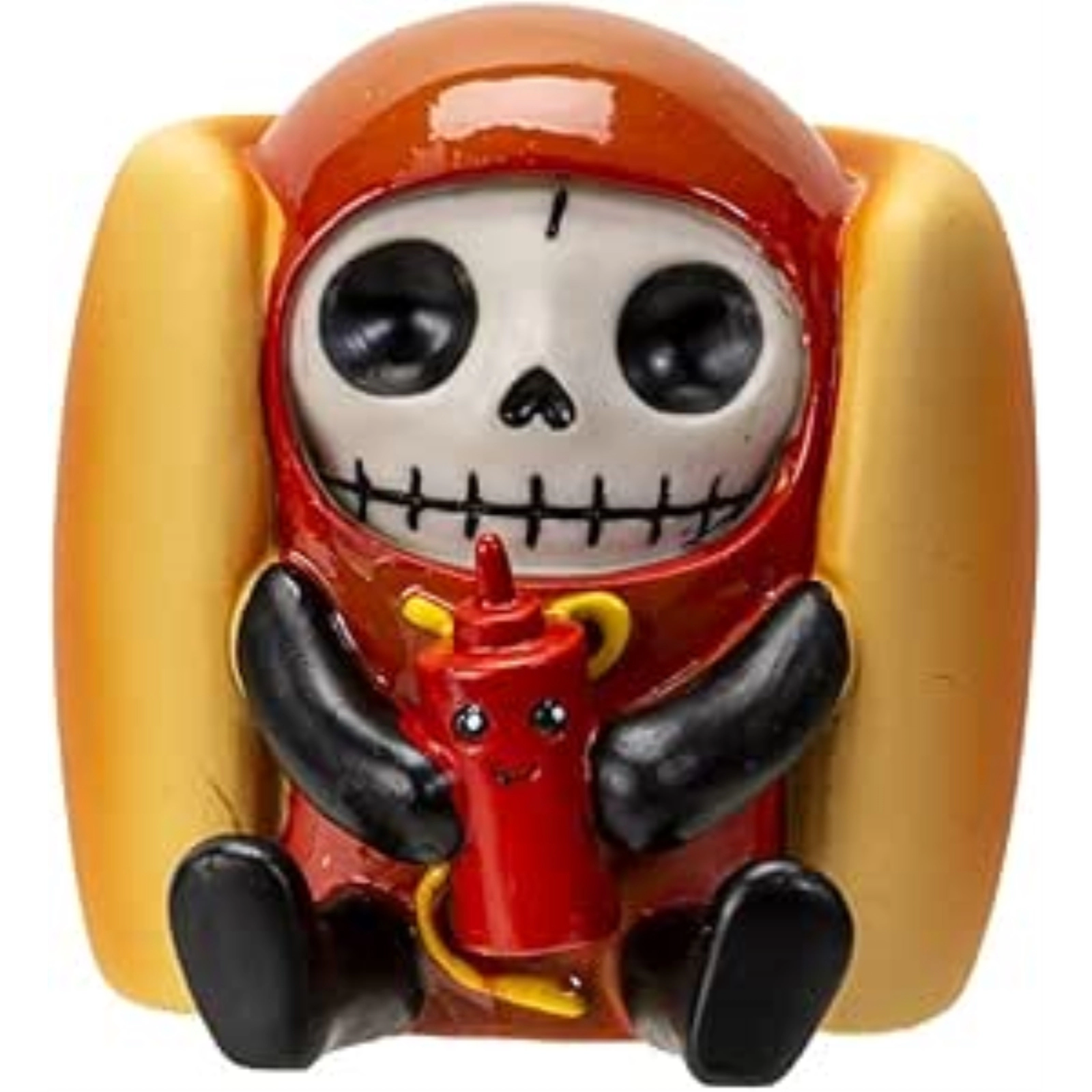 Pacific Giftware Furrybones Frank The Wiener Hotdog Bun With Ketchup Bottle Skeleton in Costume Figurine 2.4 inch