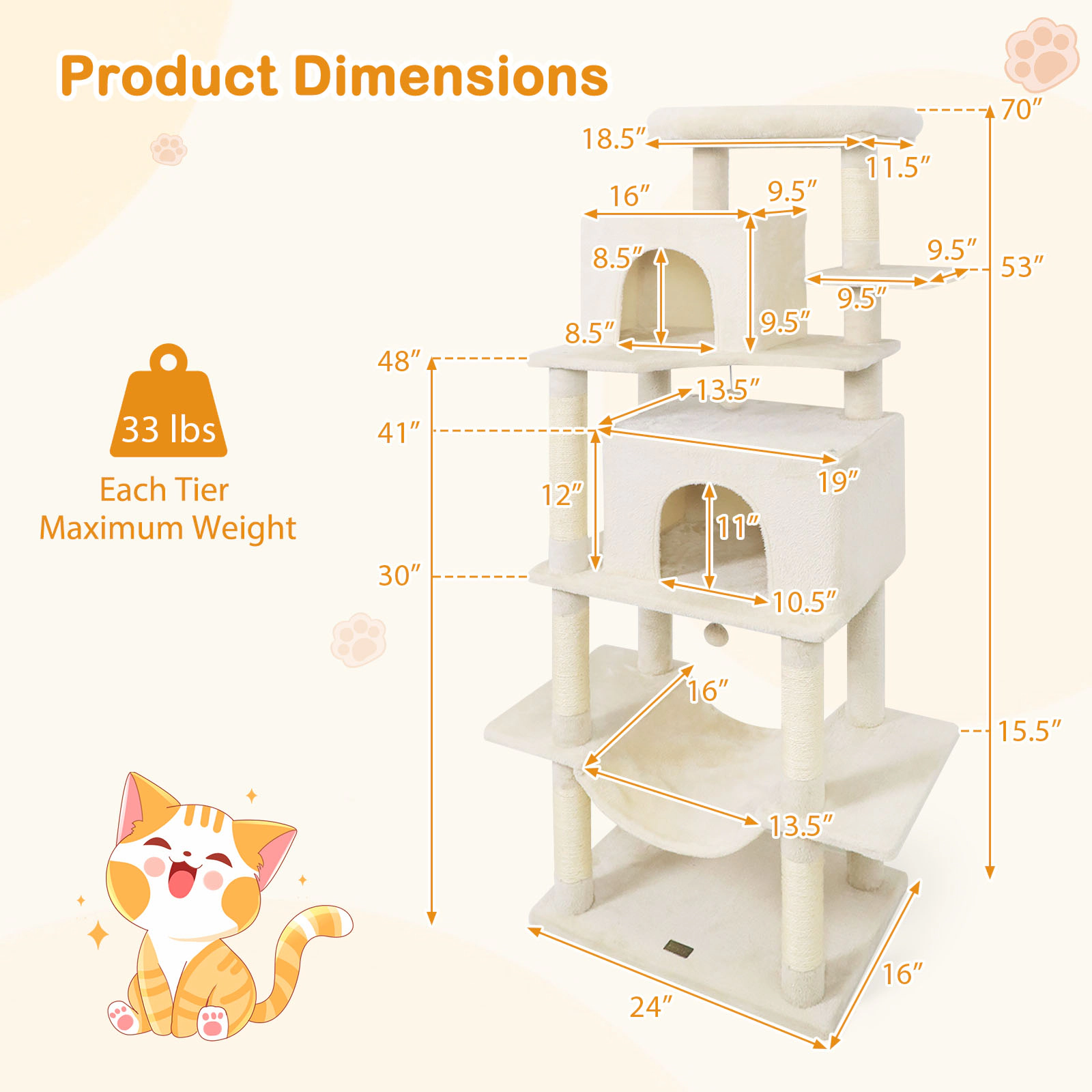 SUGIFT Beige 70 in Large Cat Tower with 2 Hideaway Condos and Padded Top Perch