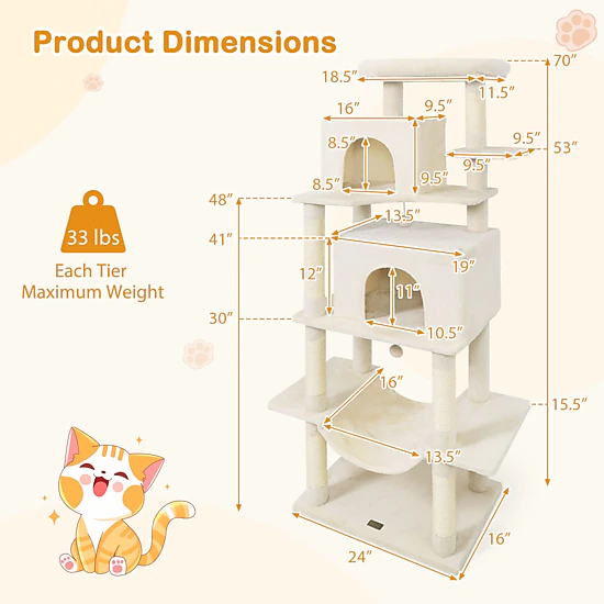 SUGIFT 70-in Beige Large Cat Tree Tower with 2 Hideaway Condos and Padded Top Perch 24-in Base W 33-lb Top