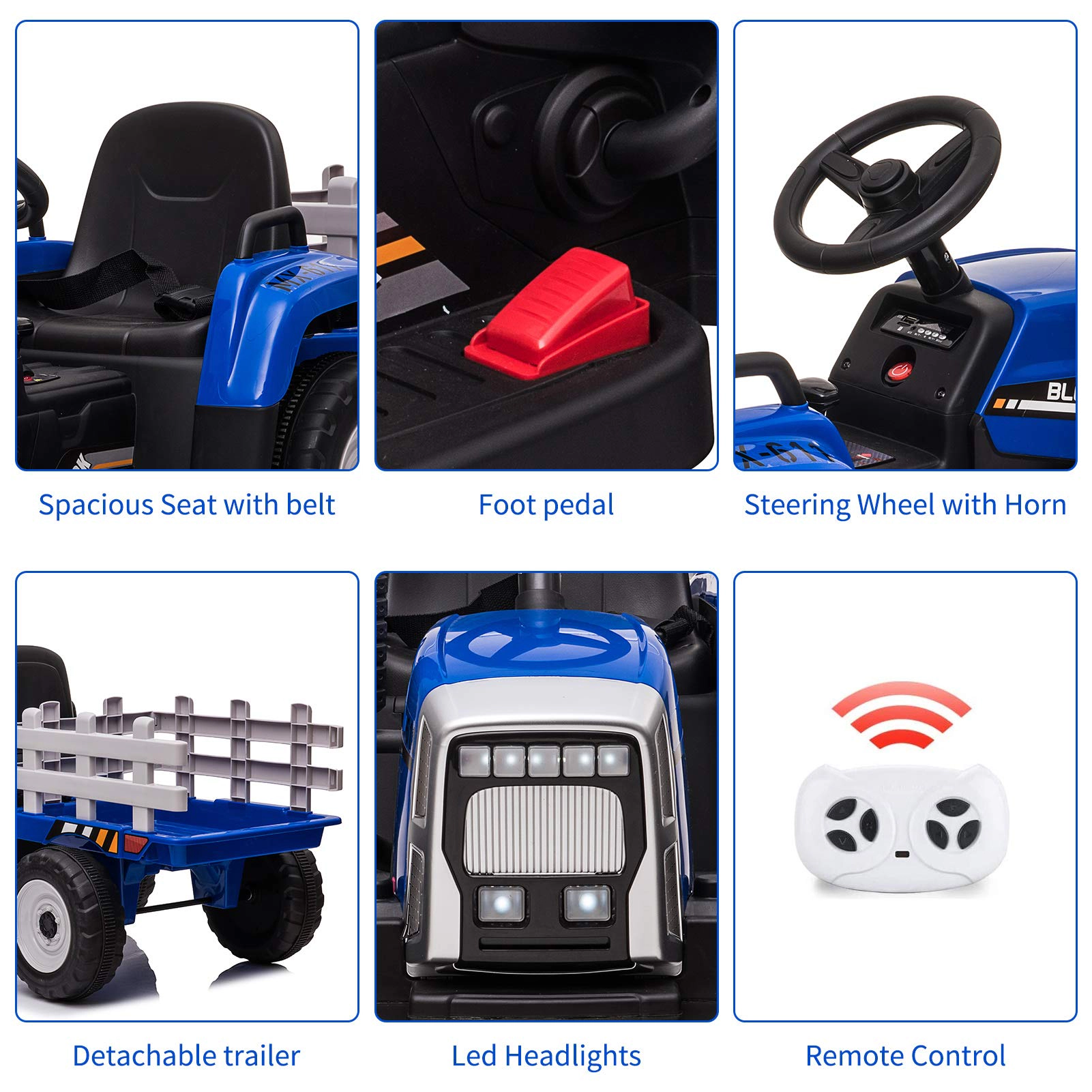 Enjyam 12V Kids Electric Tractor with Trailer, Ride On Car w/Remote, 7-LED Lights, 3-Speed, MP3/USB, Tread Tires,25W