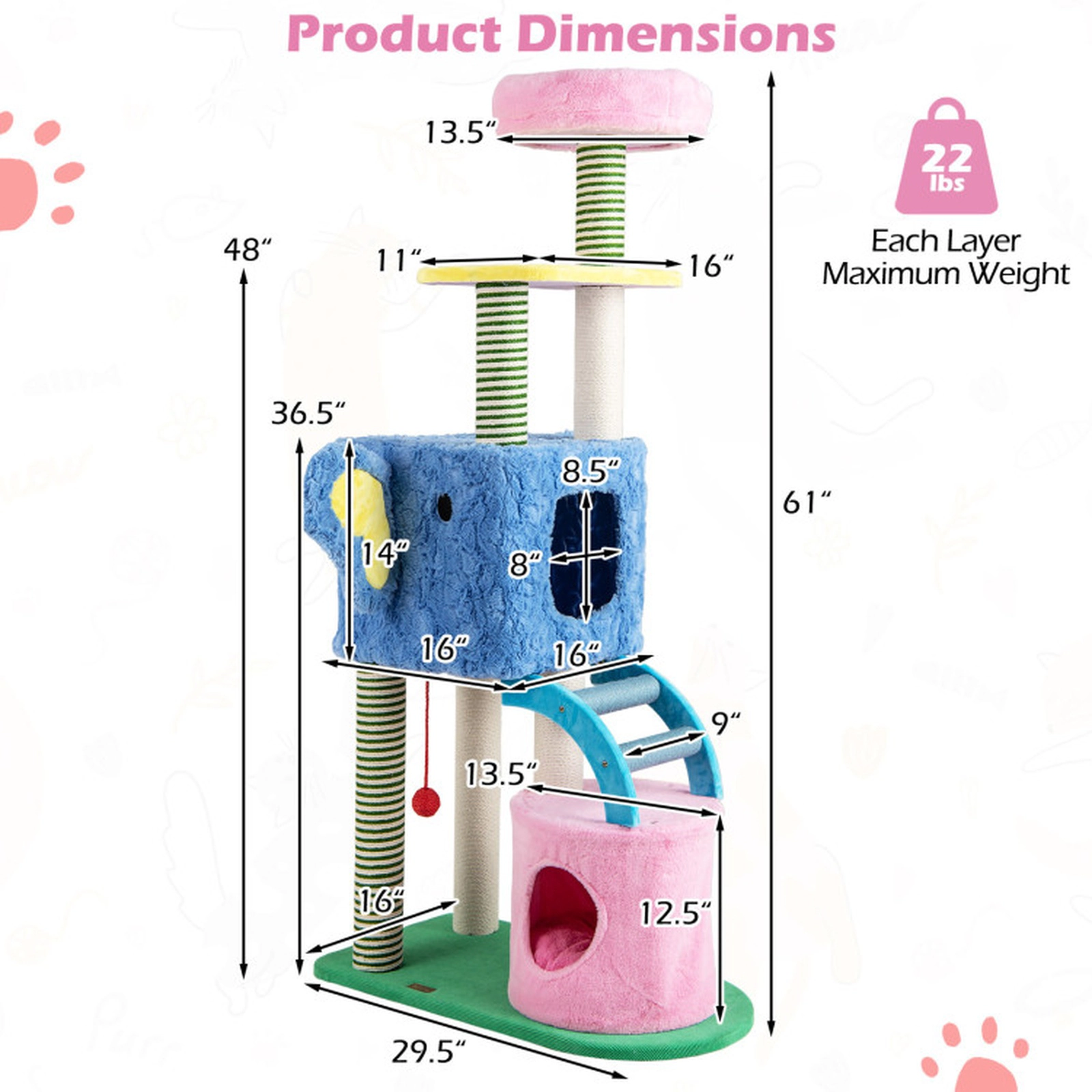 SUGIFT 60-in 22-lb Per Layer Elephant Cat Tree with 2 Condos Scratcher Ramp and Anti-tipping Device