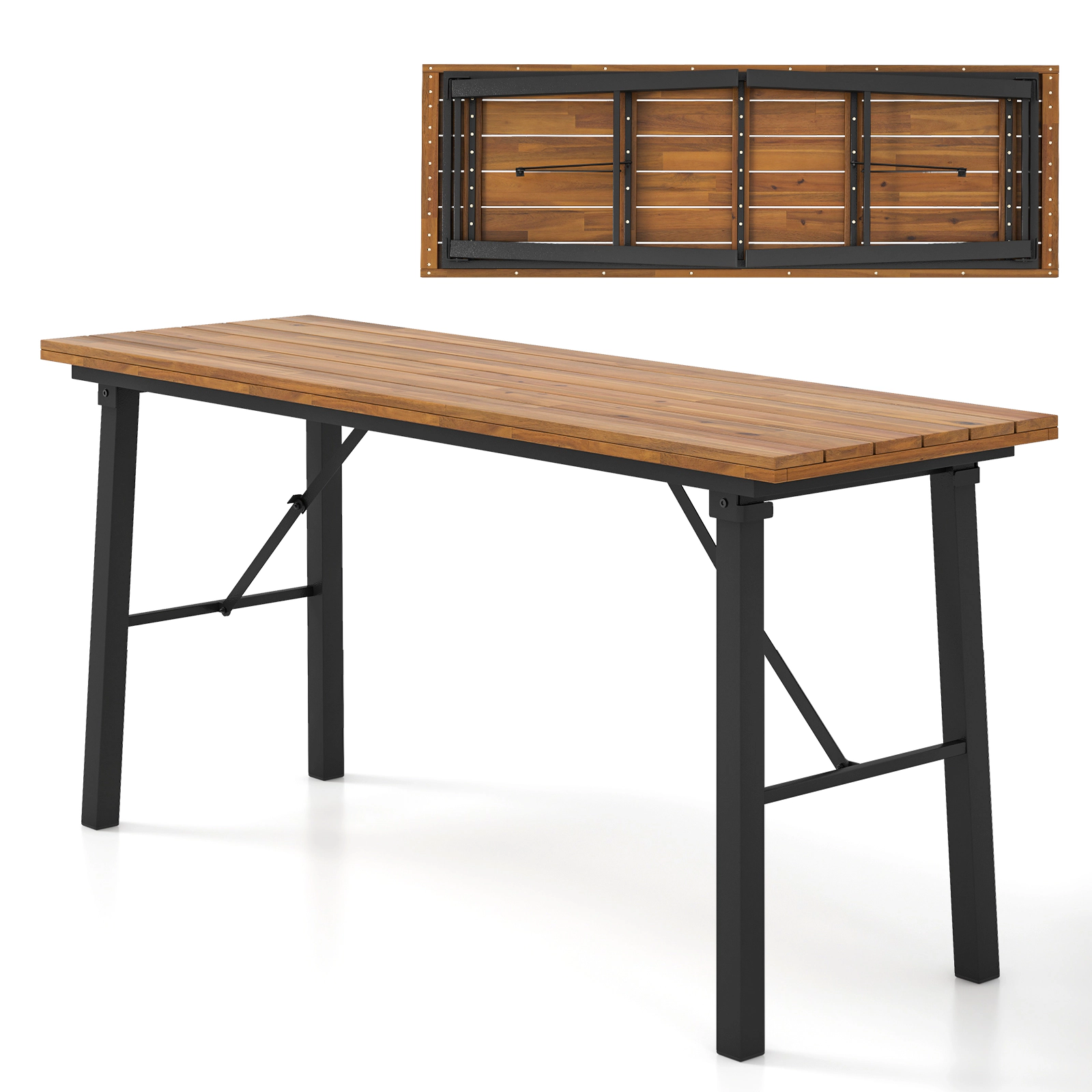 Hivvago Folding Picnic Table Acacia Wood Dining Table With Metal Frame For Indoor Outdoor Activities