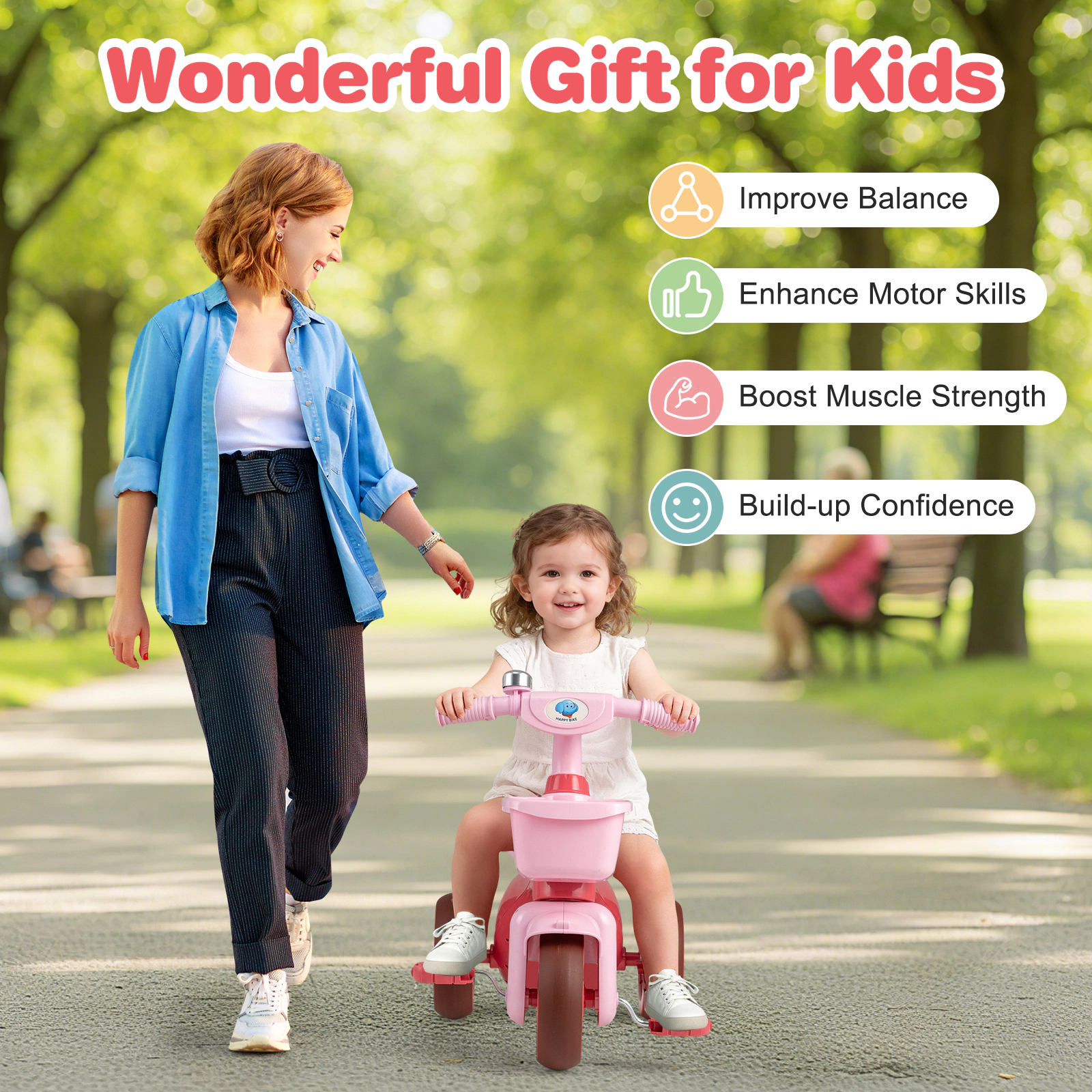 SUGIFT Limited-Steering Toddler Tricycle Ride-On Car with Front & Rear Baskets & Bell 55-lb Capacity Ages 3-5 Pink Green
