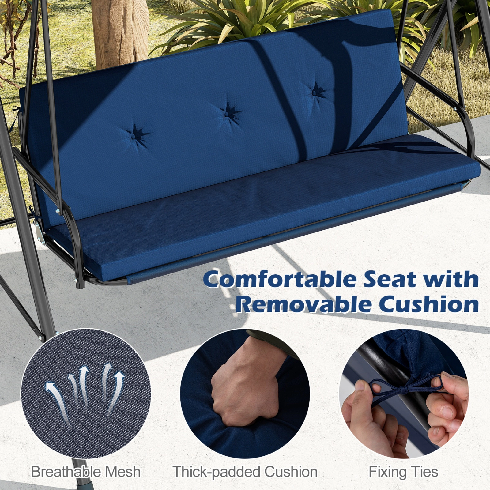 SUGIFT Patio Swing Chair with Adjustable Canopy and Removable Cushion Metal Frame 800-lb Capacity 2-Person Navy