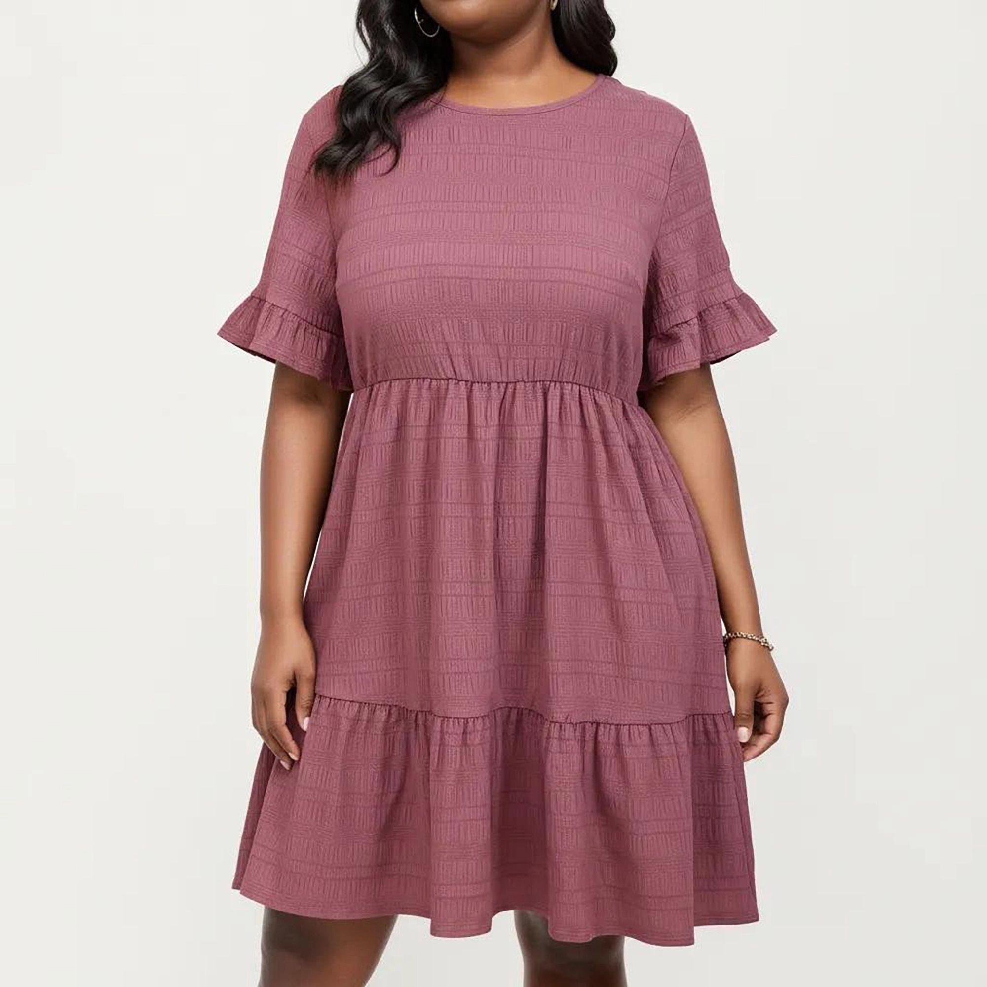 Anna-Kaci Women's Plus Short Sleeve Textured Crew Neck Tiered Skirt Ruffle Detail Dress
