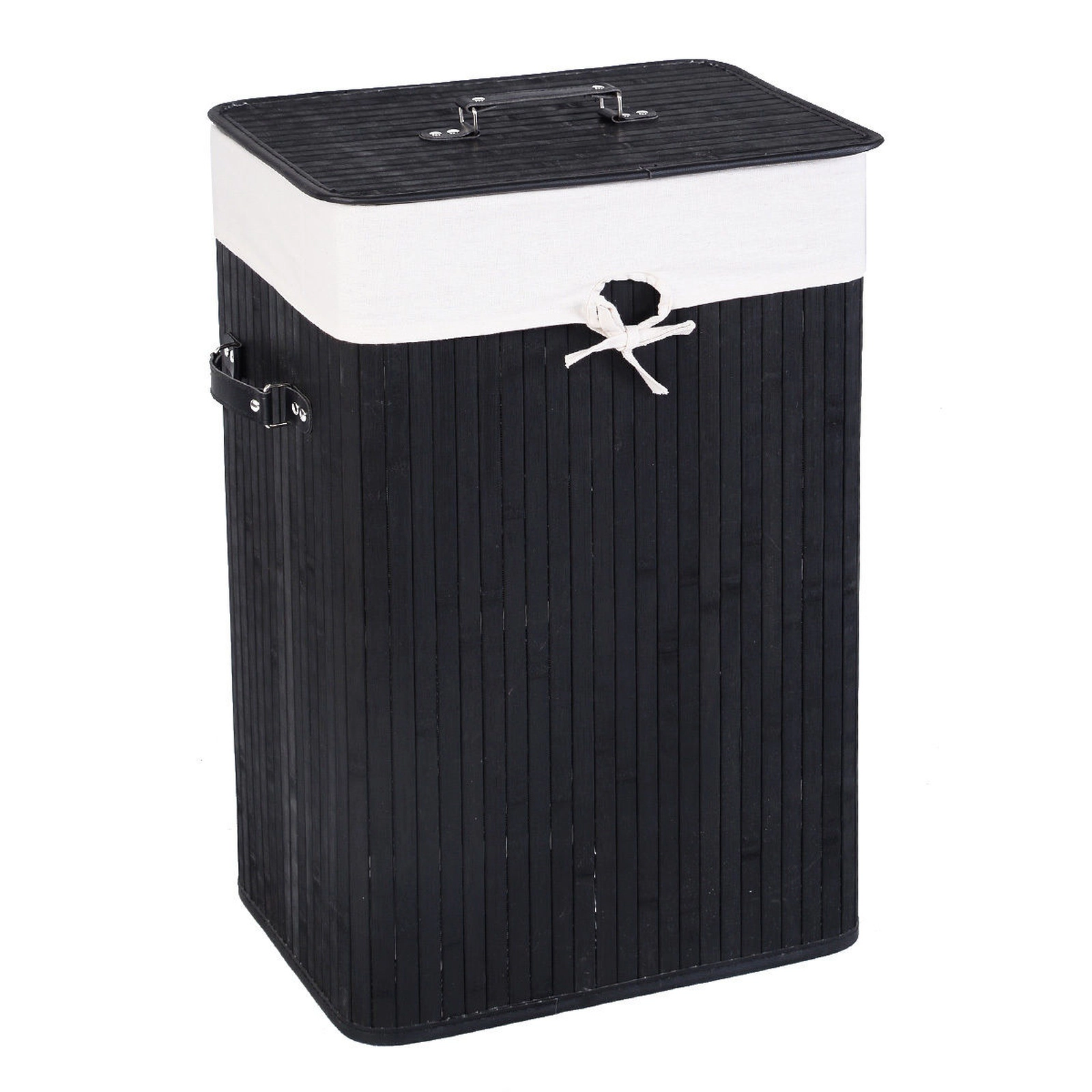 SUGIFT Rectangular Bamboo Laundry Hamper Black 72 L with Removable Cotton Bag and Lid