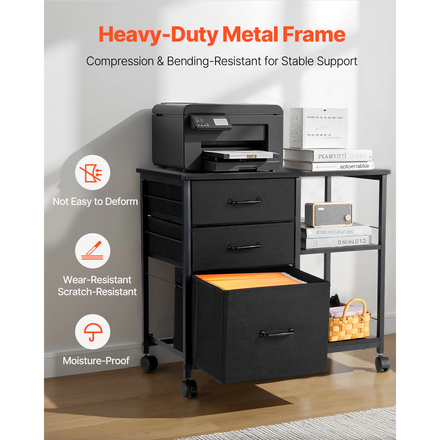 HONGGE Metal File Cabinet Mobile Filing Cabinet with 3 Fabric Drawers and 2 Open Shelves Wooden Vertical Filing Storage