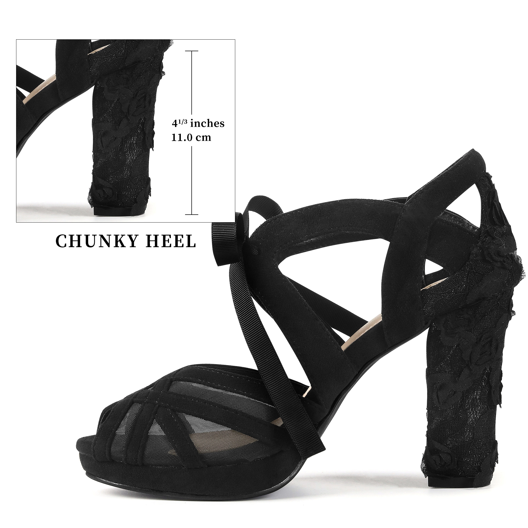 BLISSFUL STEP Women's Lace Flowers Peep Toe Platform Wedding Chunky Heel Sandals