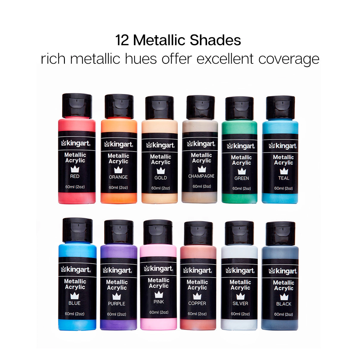 KINGART Studio Acrylic Paint Set - 12 Metallic Colors - 60 ml Bottles