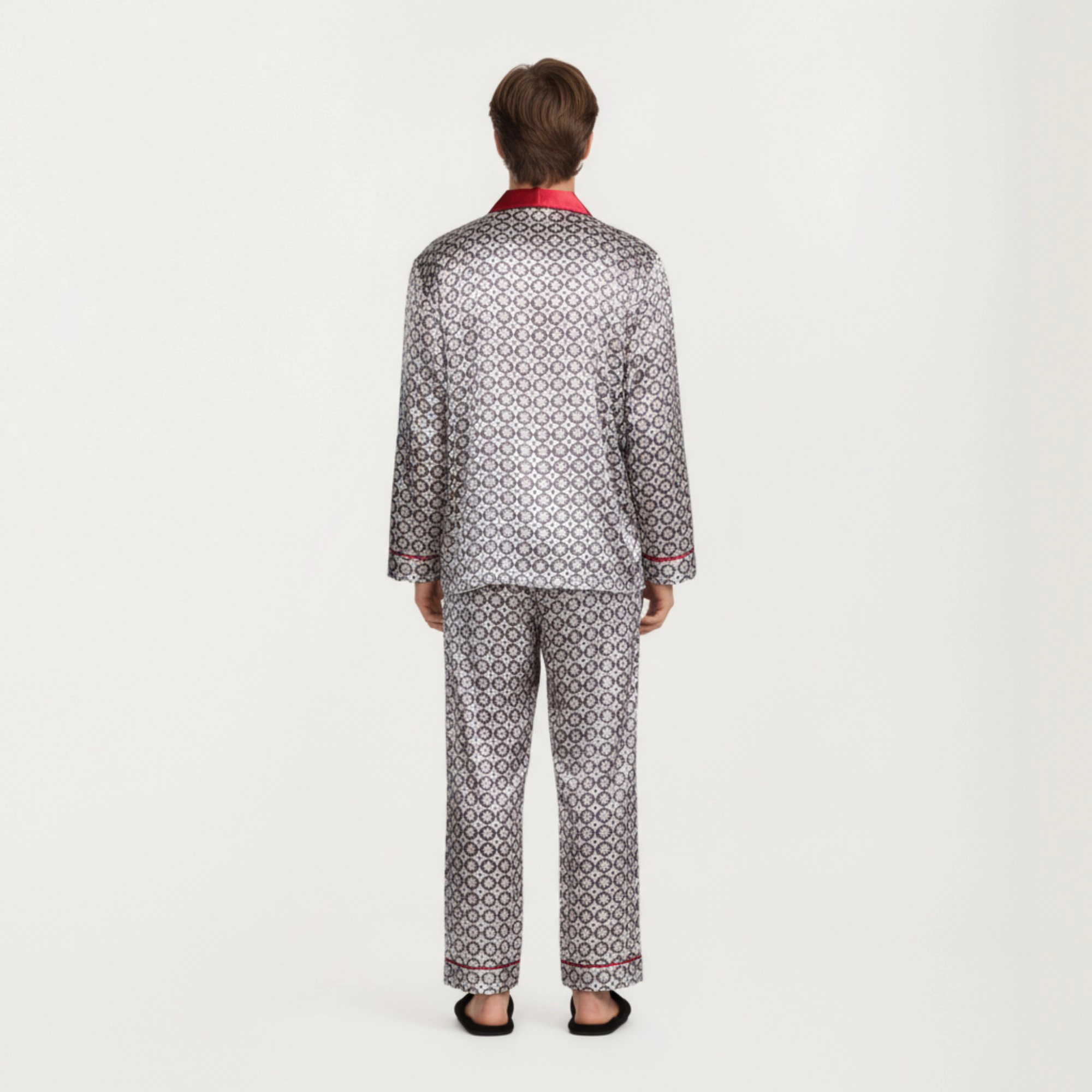 Anna-Kaci Men's 2-Piece Satin Pajamas with Geometric Print Contrast Collar and Button Up Top