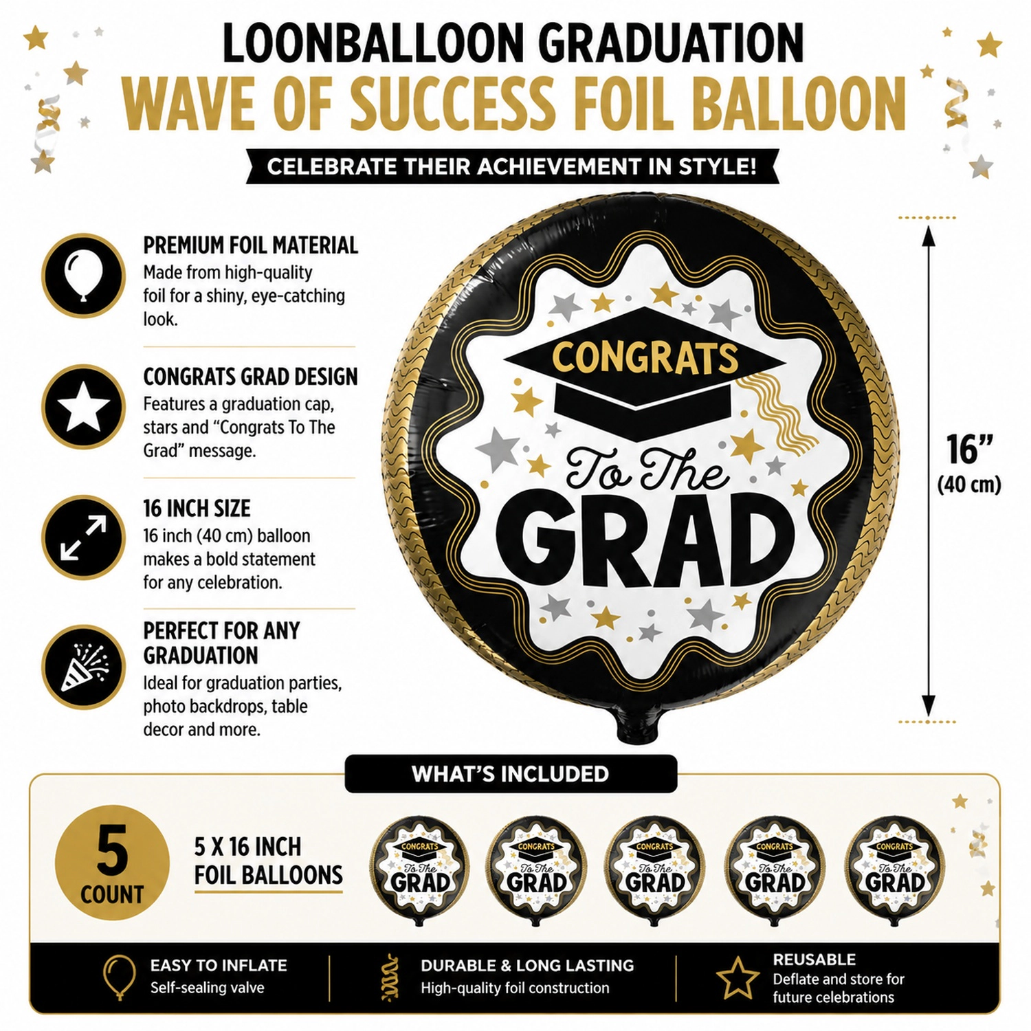 LoonBalloon Graduation Wave of Success 16 in Foil Balloons, 5 Count