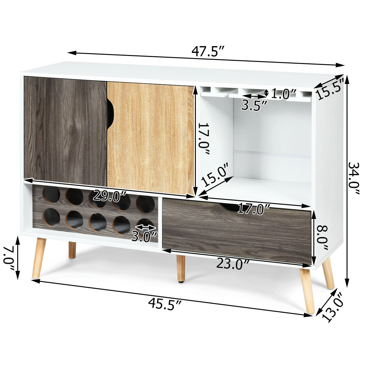 SUGIFT 47.5-in 110-lb Capacity Mid-Century Wooden Buffet Sideboard with 10-Bottle Wine Rack and Glass Holder