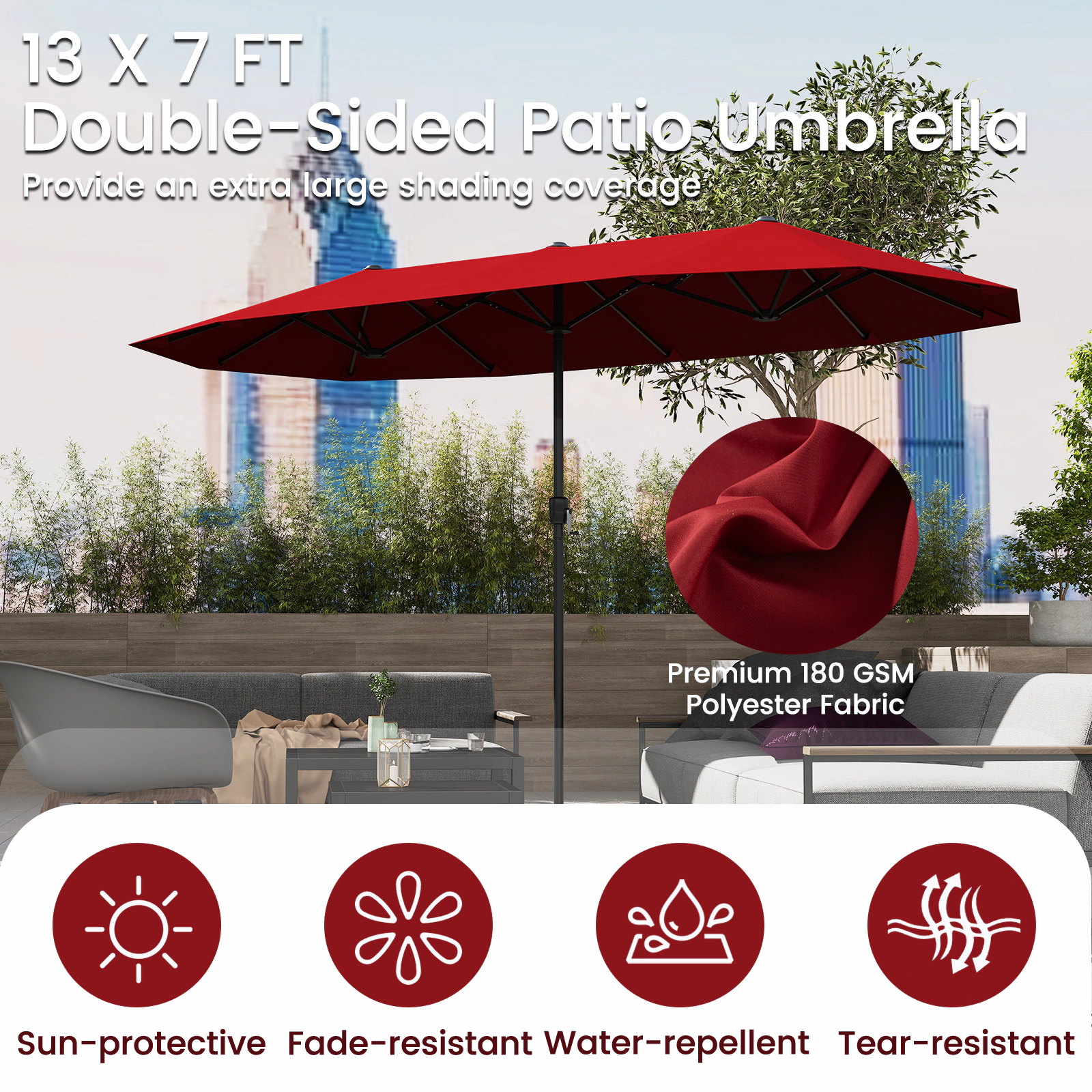 SUGIFT 13-ft Red Rectangular Double-Sided Market Patio Umbrella with Hand Crank and 12 Ribs for Yard