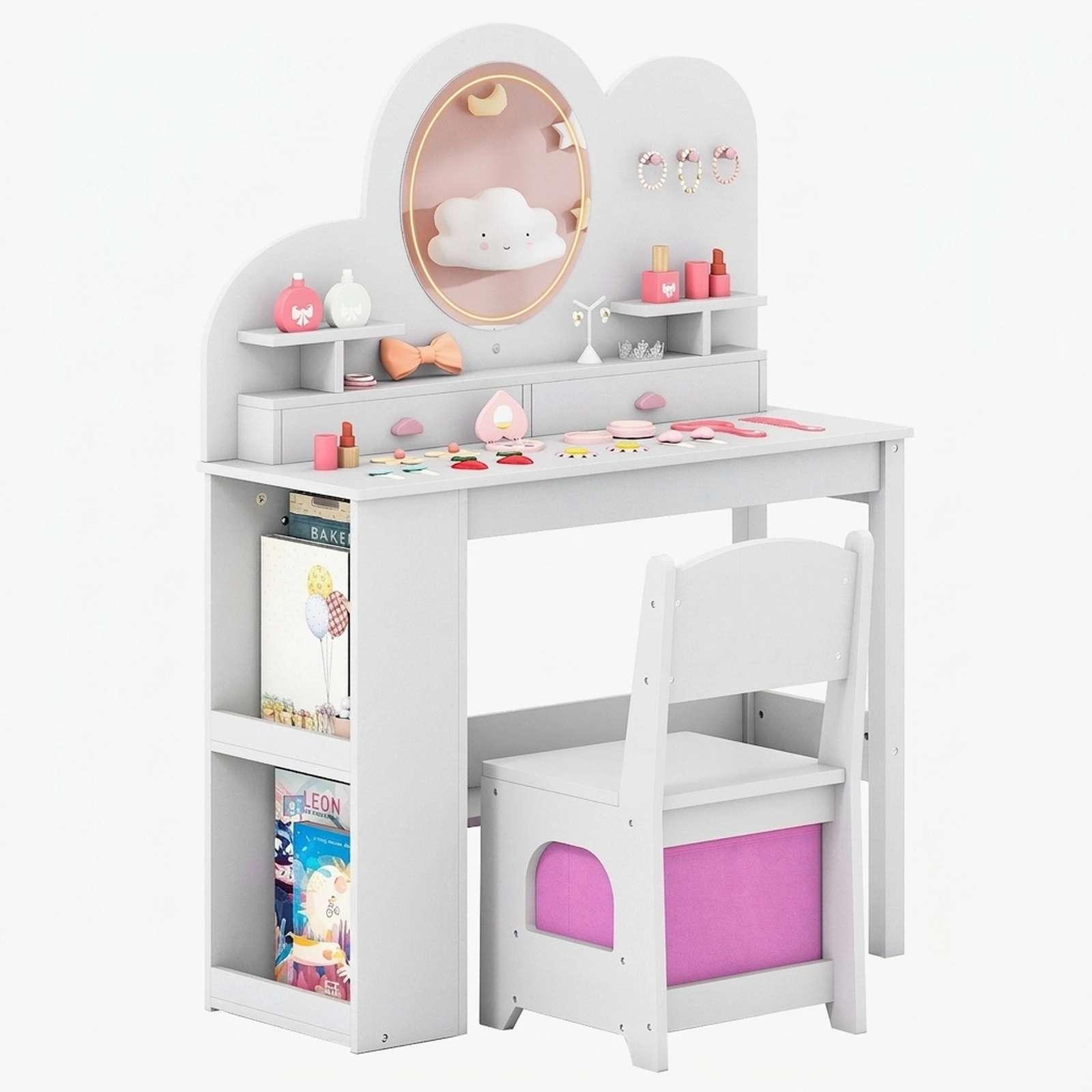 SUGIFT Kids Vanity Set White with Lighted Mirror 2 Drawers and 2-Tier Bookshelf