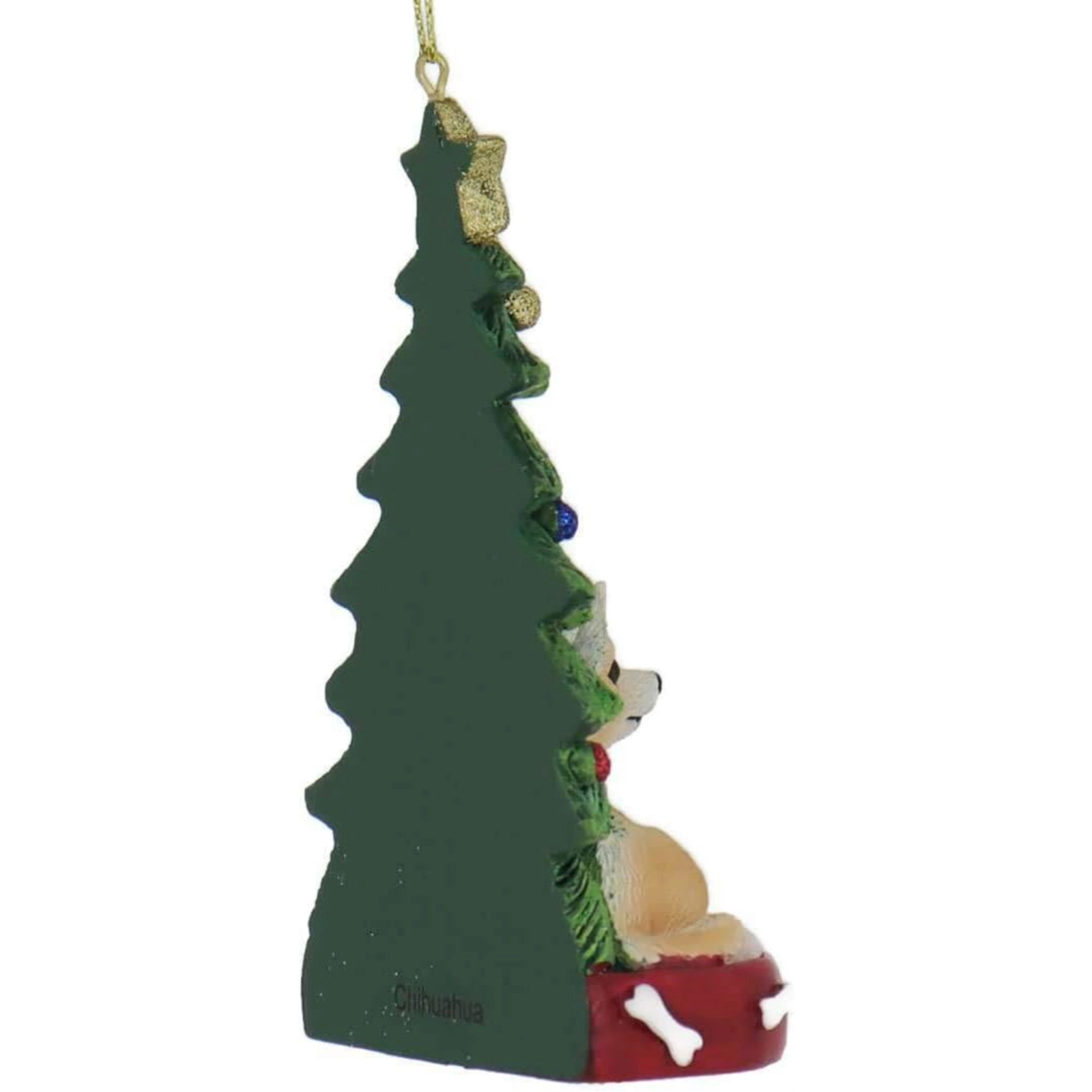 Kurt Adler Chihuahua Dog Laying Next to Christmas Tree Wearing Santa Hat Resin Ornament 4.25 inch