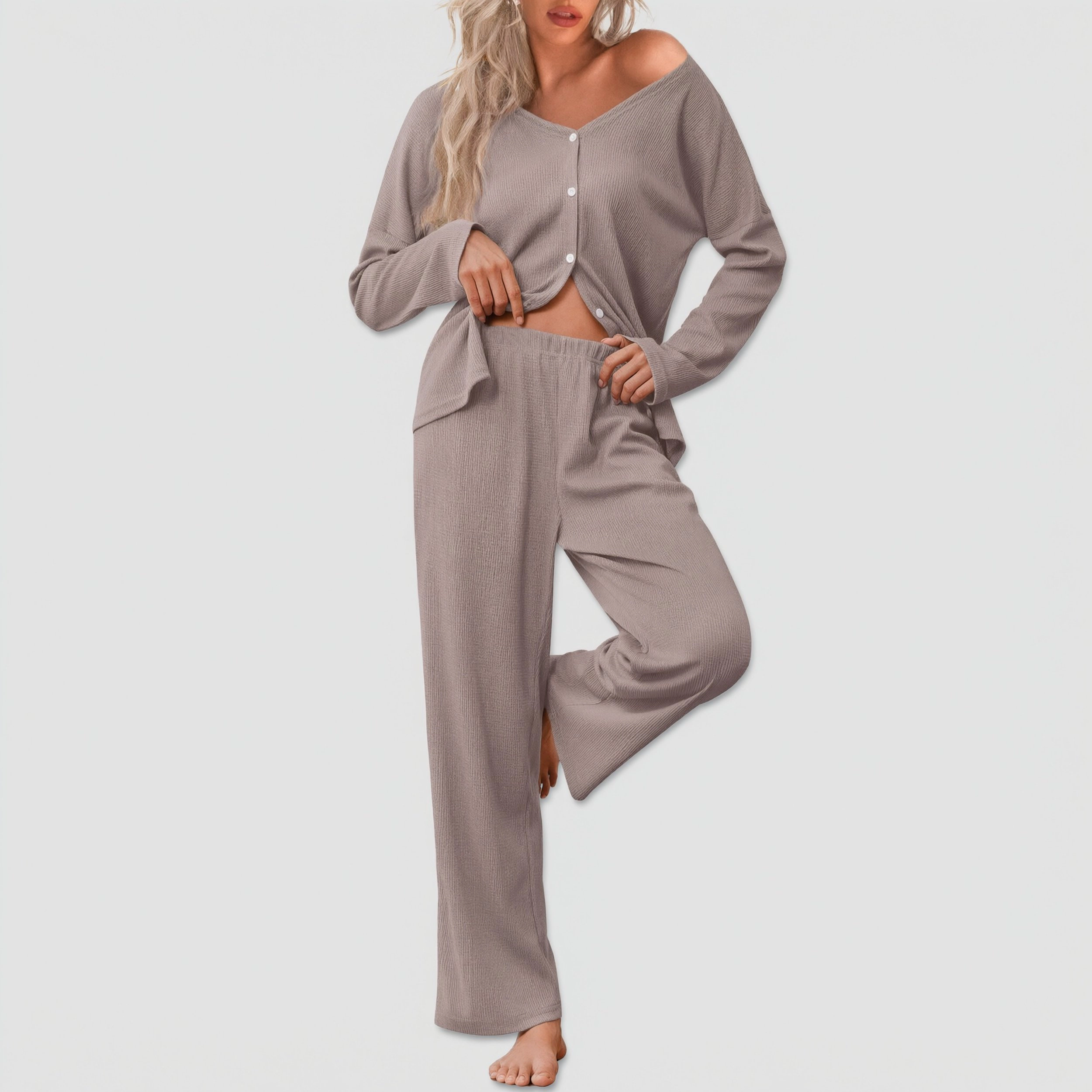 Ekouaer Womens Waffle Knit Pajamas Long Sleeve Lounge Set Button Up Loungewear with Pockets