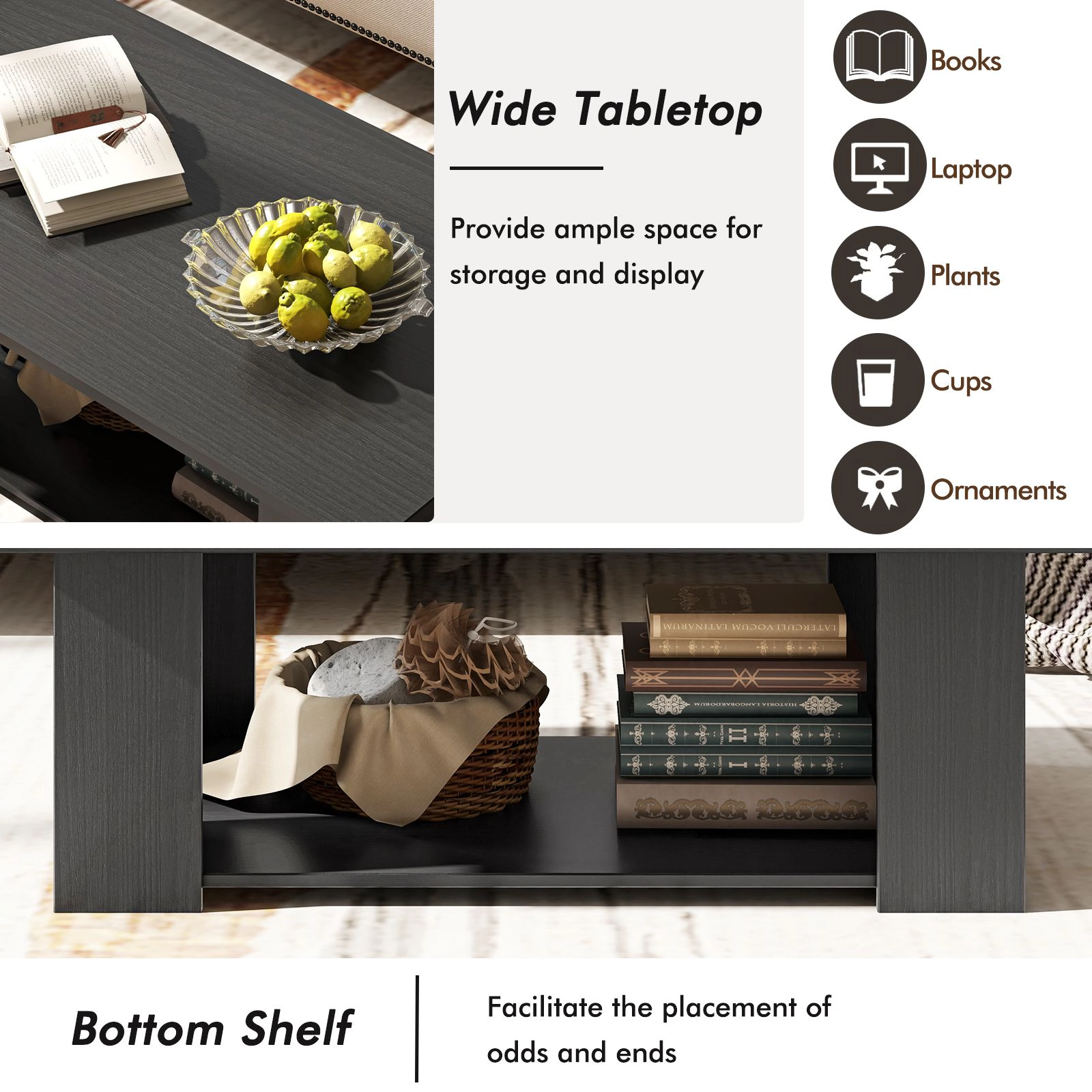 SlickBlue 41 Inch 2 Tier Wooden Coffee Table with Storage Shelf