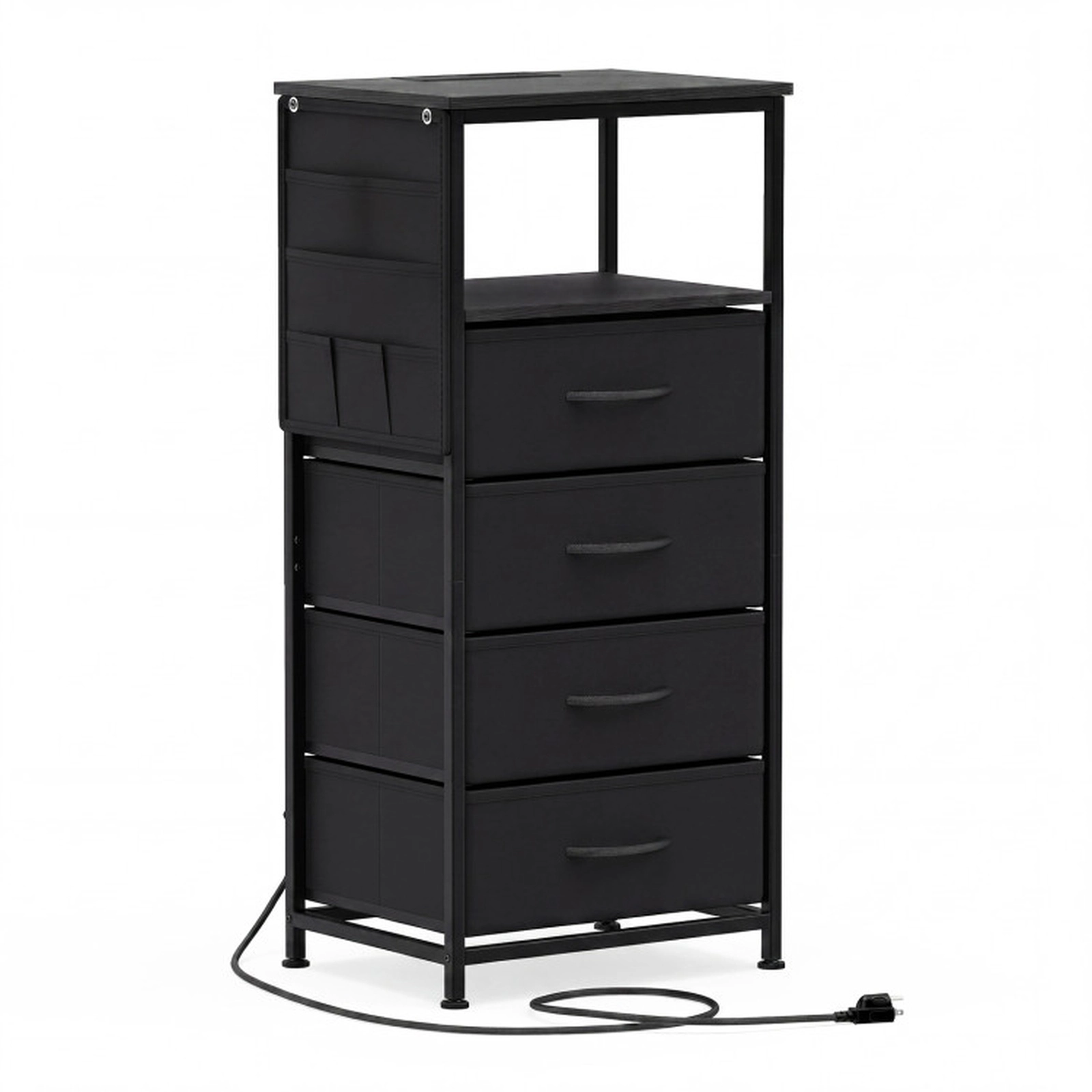 SUGIFT Charging Station 4 Fabric Drawers and Side Pocket 34 Inch Tall Nightstand