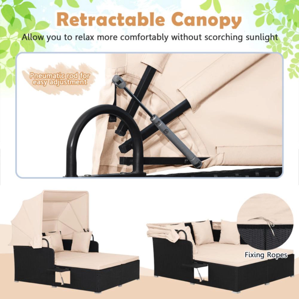 Hivvago Patio Rattan Daybed With Retractable Canopy And Side Tables
