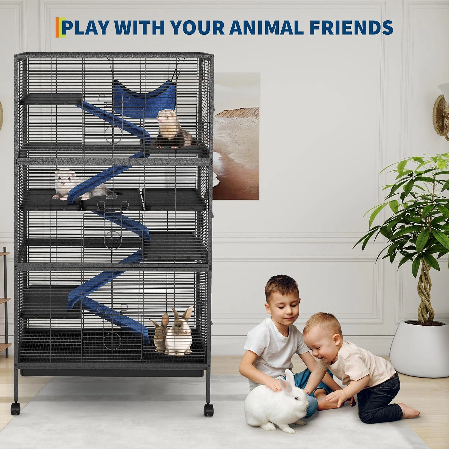 Multi-Tier Metal Ferret Cage, Small Animal Enclosure Half-Inch Grid with Platforms Ramps & Casters