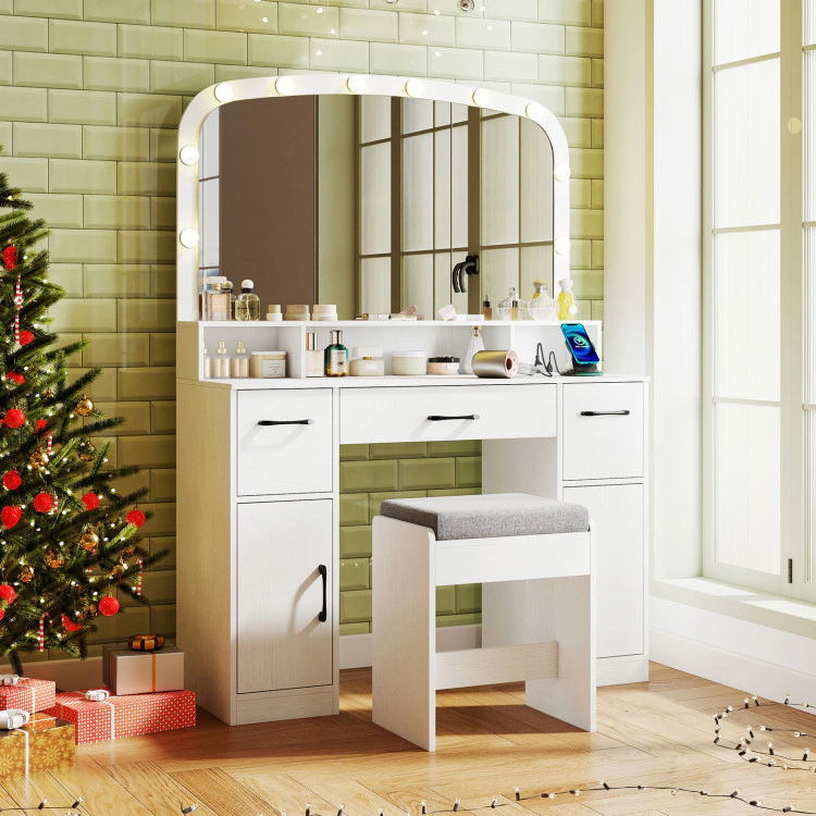 Hivvago Vanity Desk Makeup Table With Stool 3-Color Lights And Charging Station