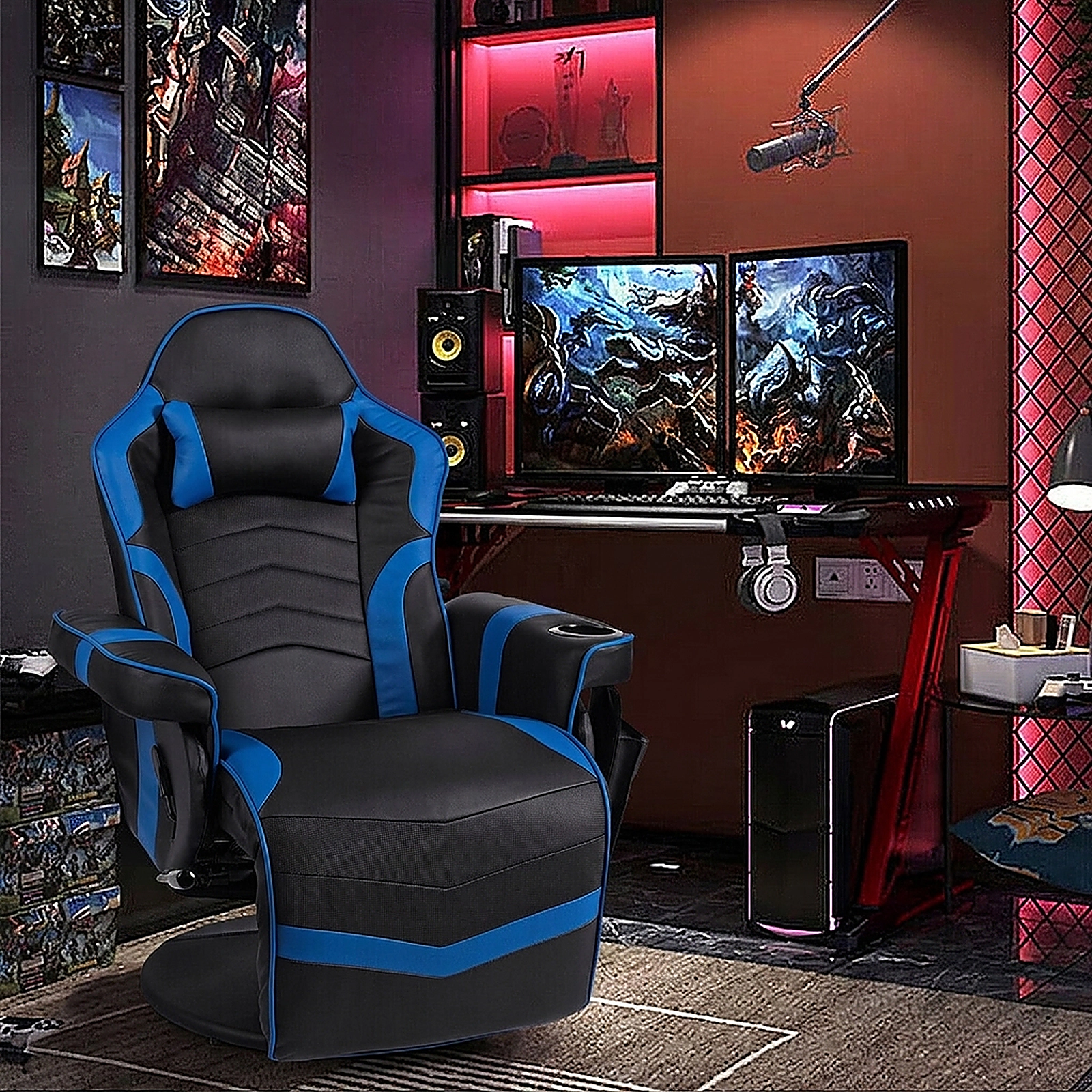 SUGIFT Blue Gaming Recliner Chair, 8-Mode Massage, Adjustable Footrest, Cup Holder