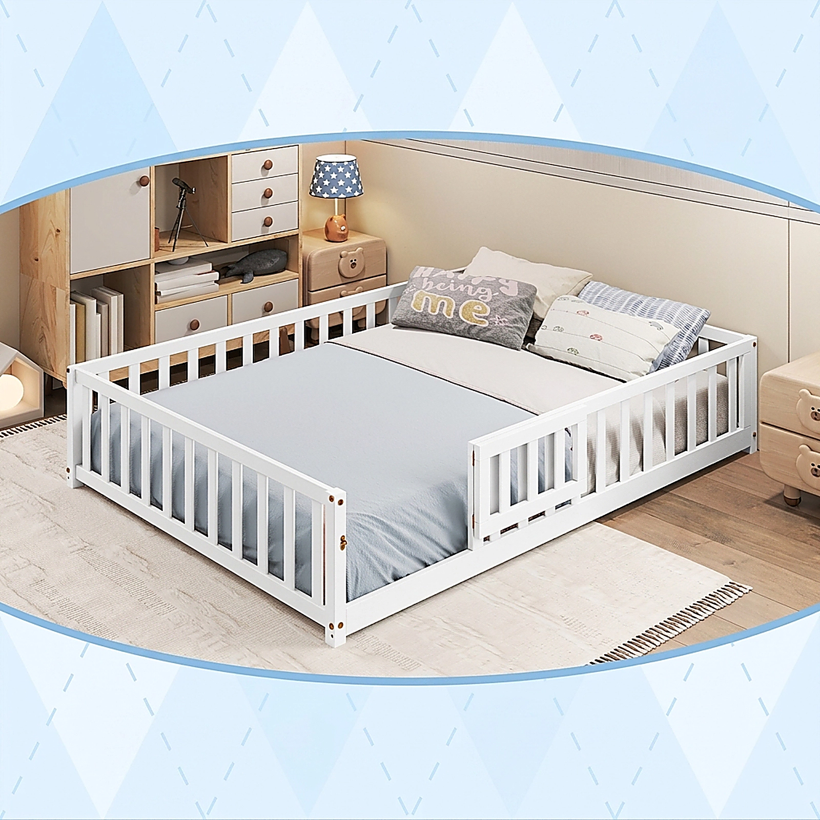 SUGIFT Low Floor Montessori Bed Frame Full-length Guardrails Safety Door 330-lb Capacity 78-in Wide Toddler Bed White