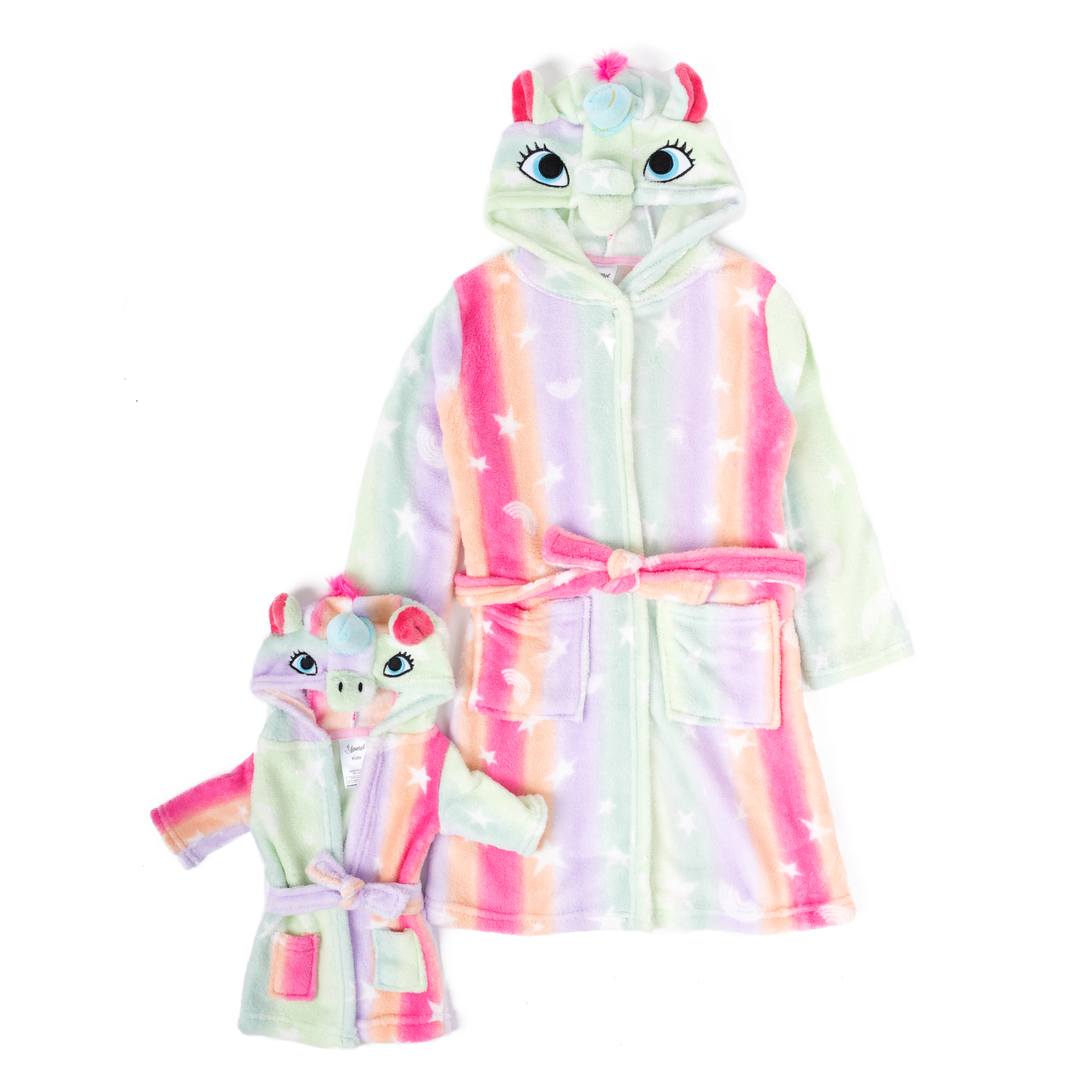 Leveret Girl & Matching Doll Rainbow Stars Tie Dye Fleece Hooded Robe Set